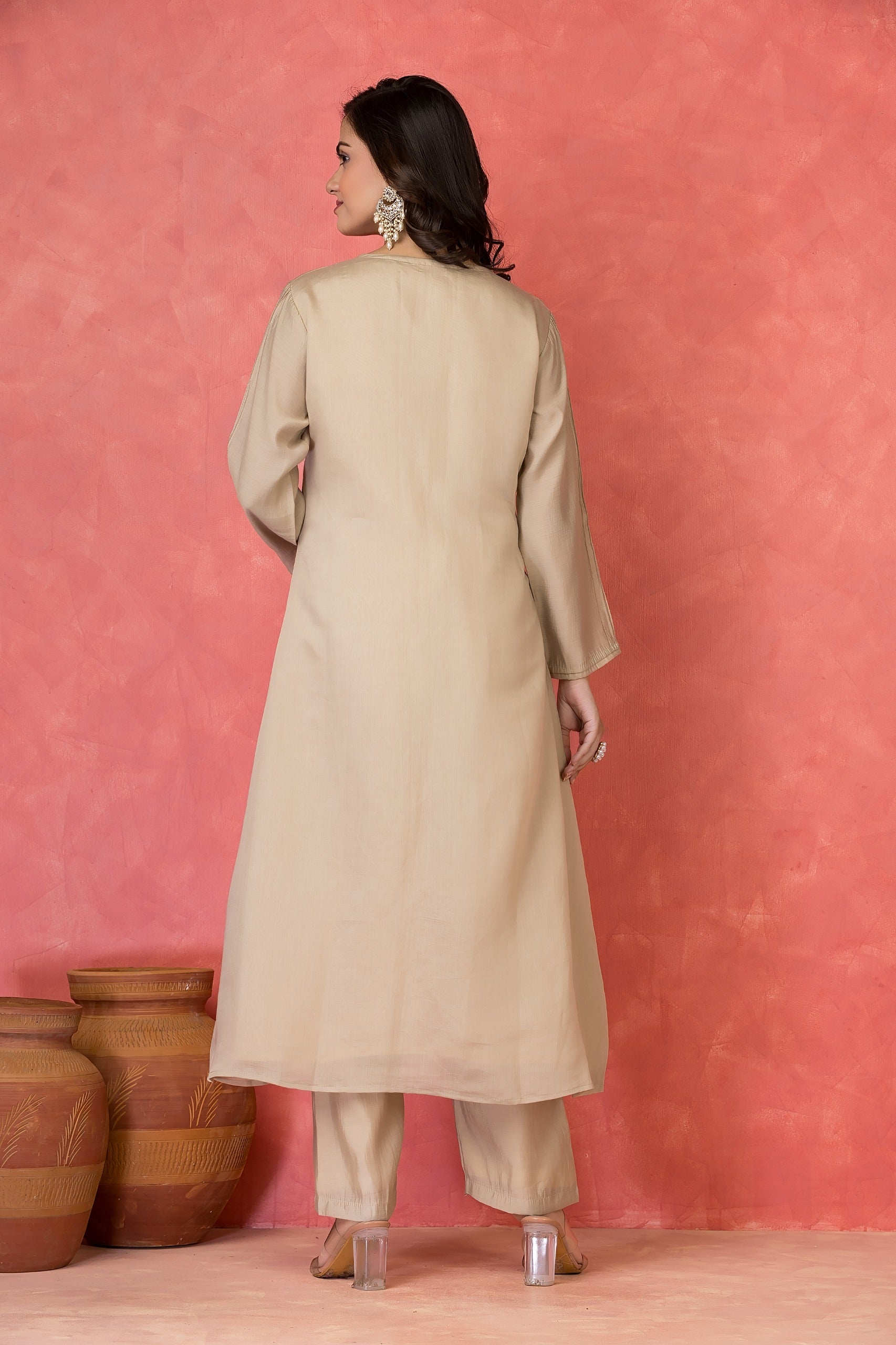 Light Beige Embellished Premium Silk Kurta Set