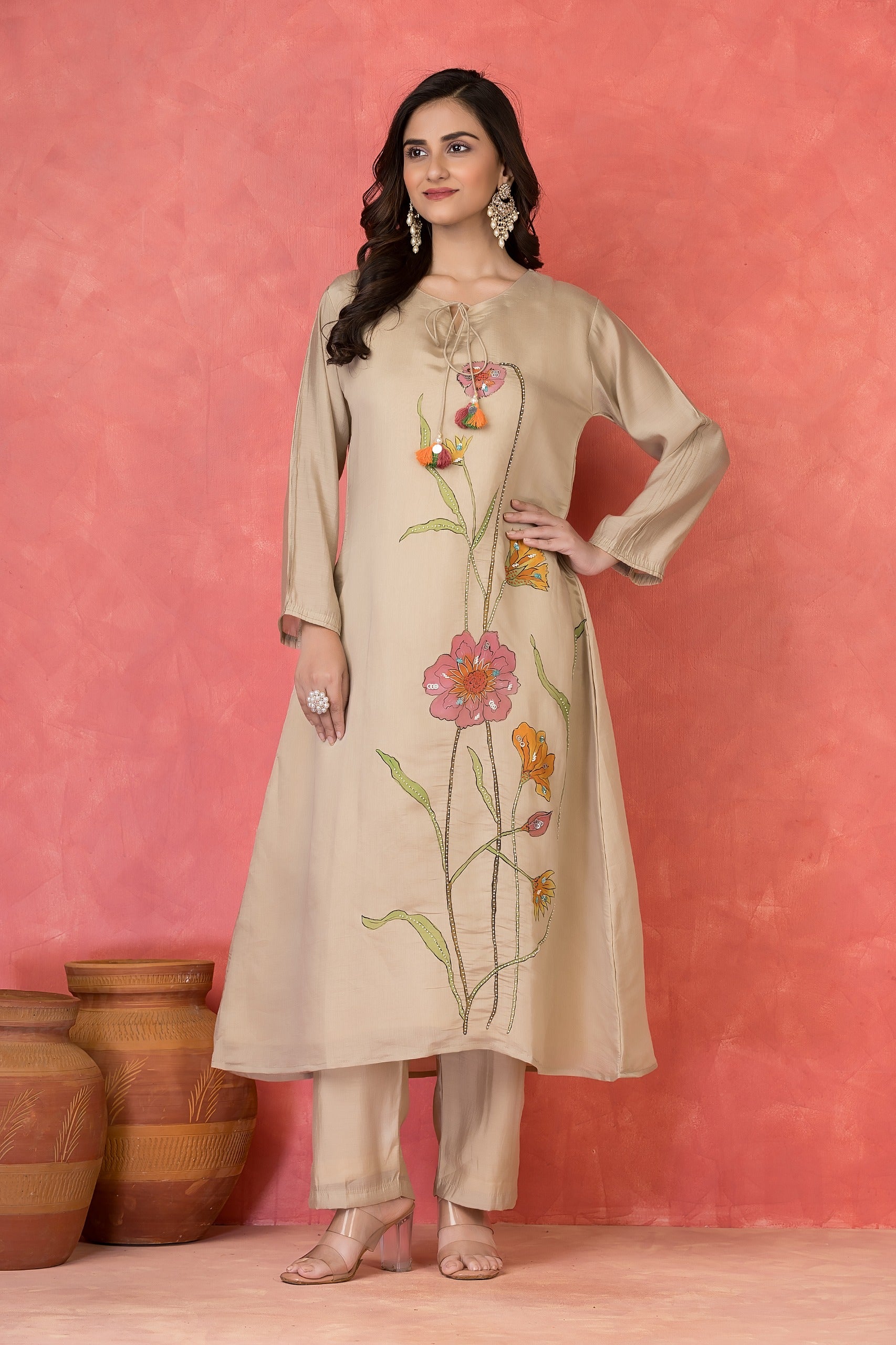 Light Beige Embellished Premium Silk Kurta Set