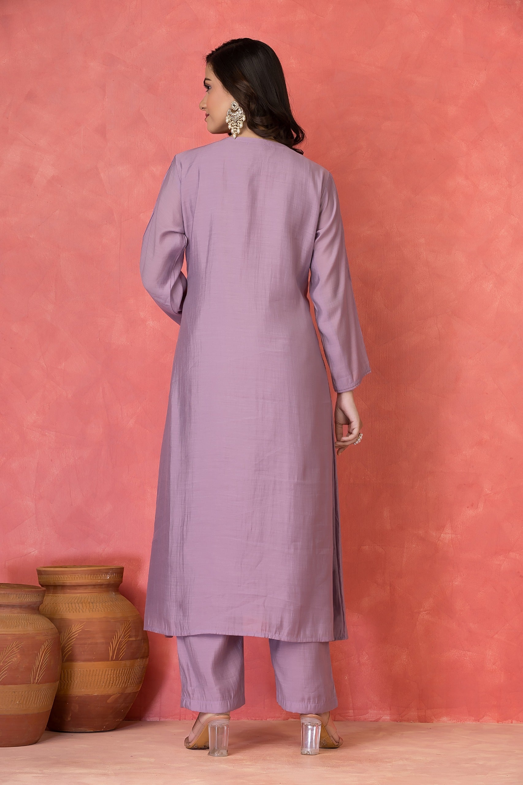 Lavender Embellished Premium Silk Kurta Set