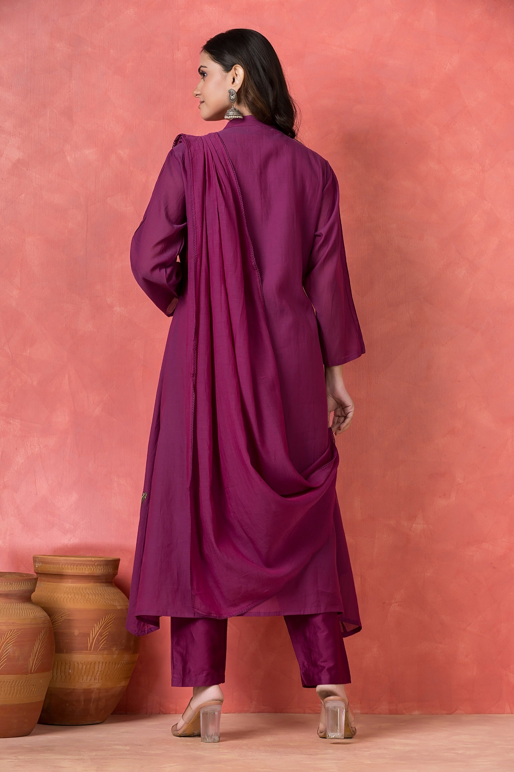 Deep Magenta Embellished Mul-Chanderi Silk Pant Set