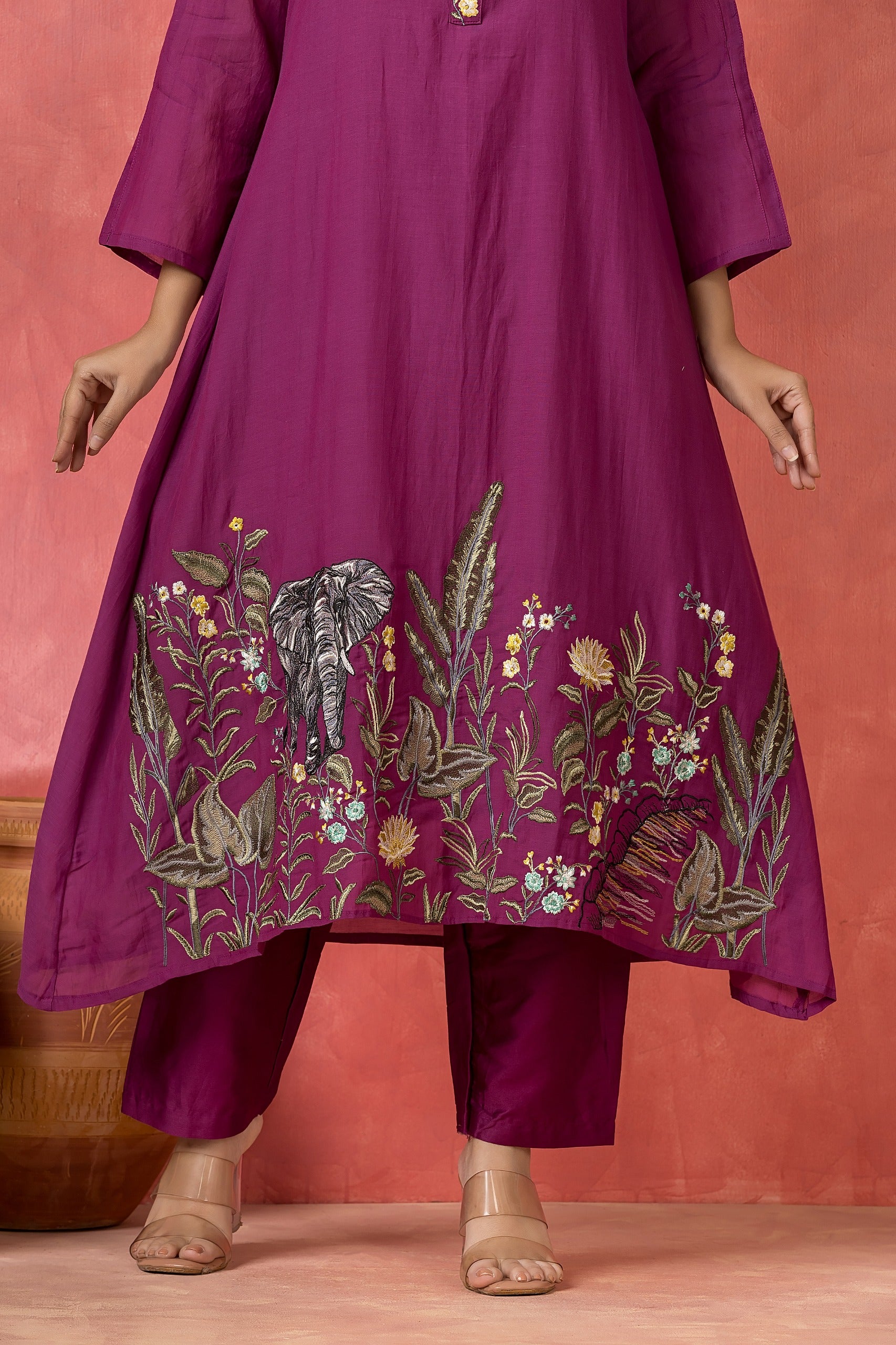 Deep Magenta Embellished Mul-Chanderi Silk Pant Set