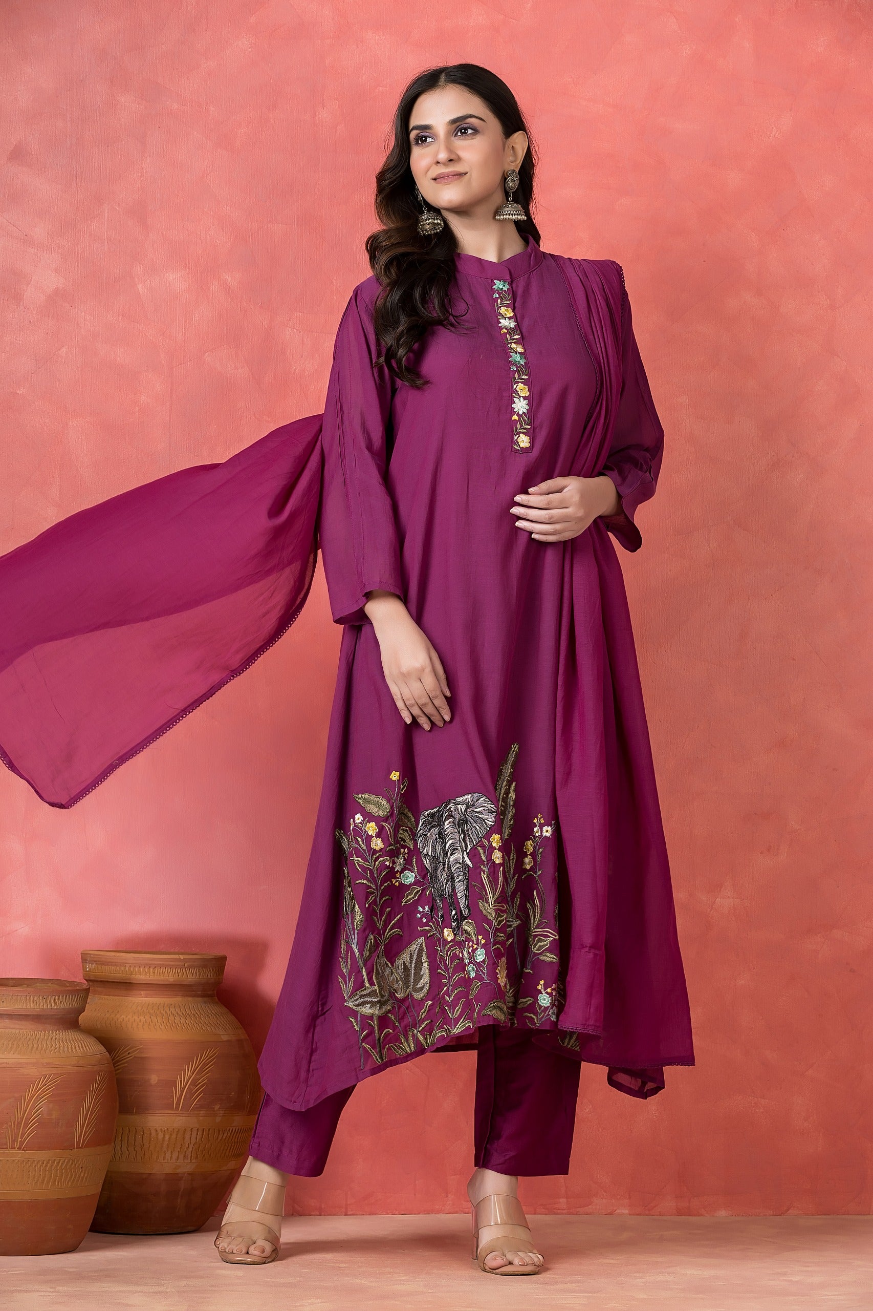 Deep Magenta Embellished Mul-Chanderi Silk Pant Set