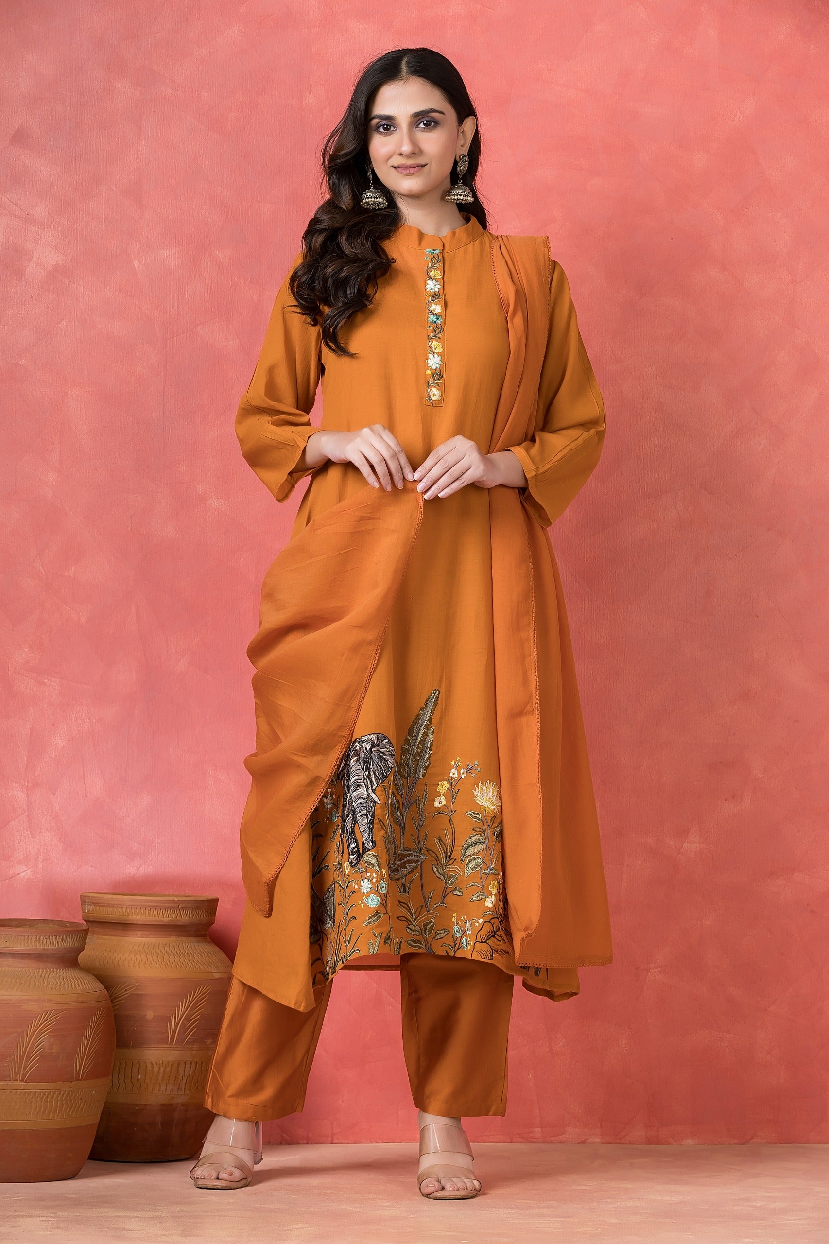 Burnt Orange Embellished Mul-Chanderi Silk Pant Set