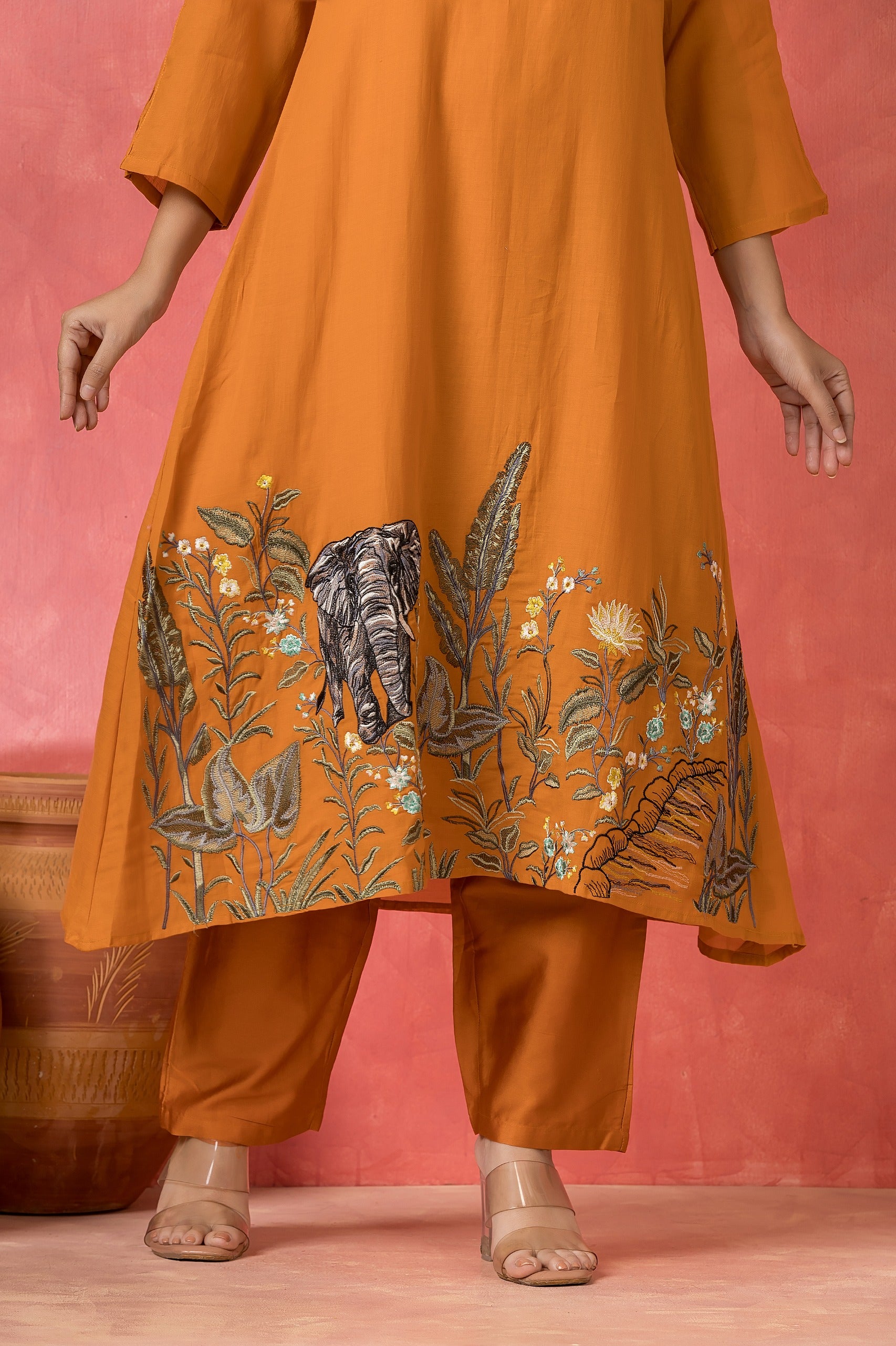 Burnt Orange Embellished Mul-Chanderi Silk Pant Set