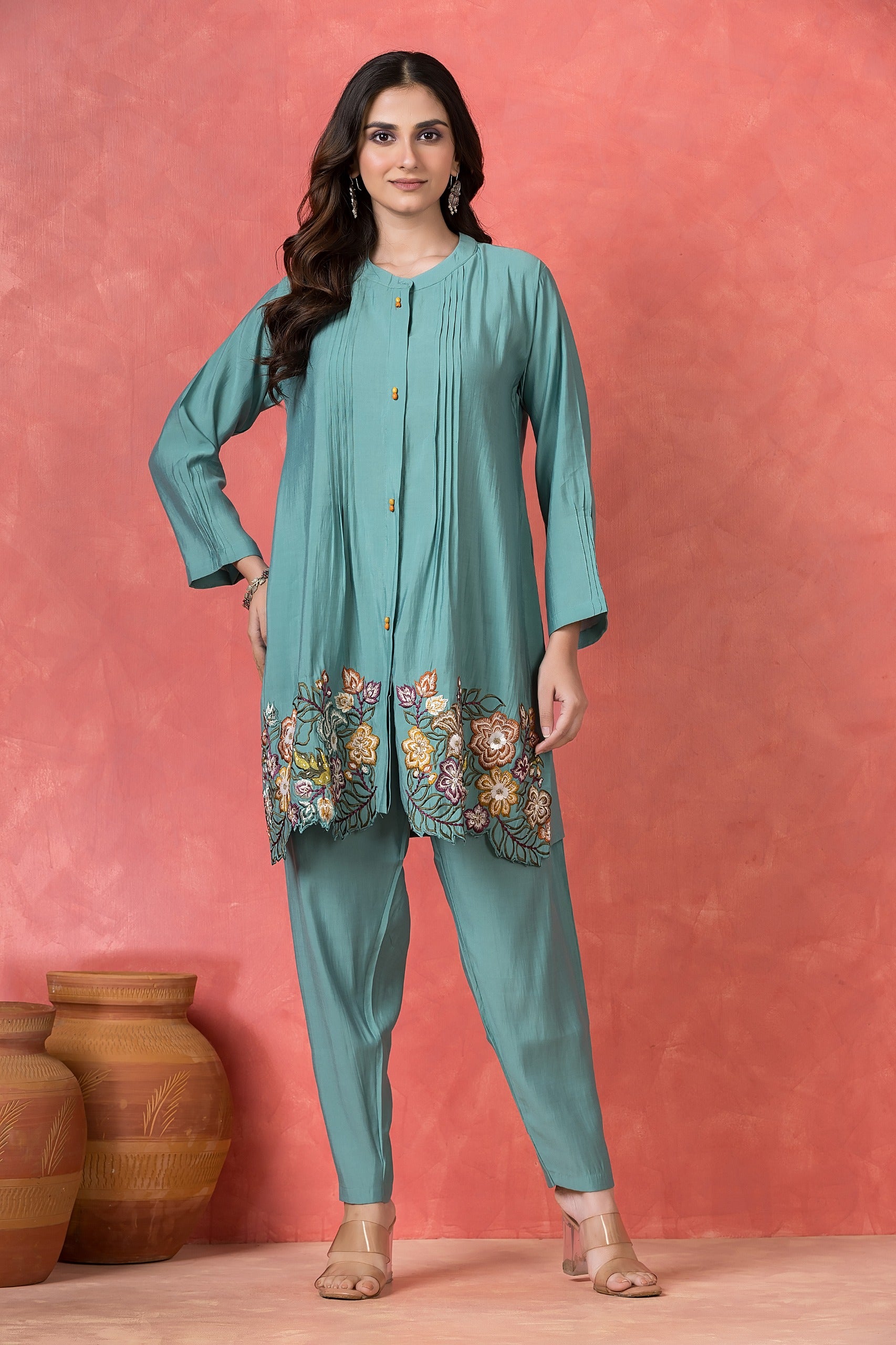 Teal Green Embroidered Premium Silk Co-Ord Set