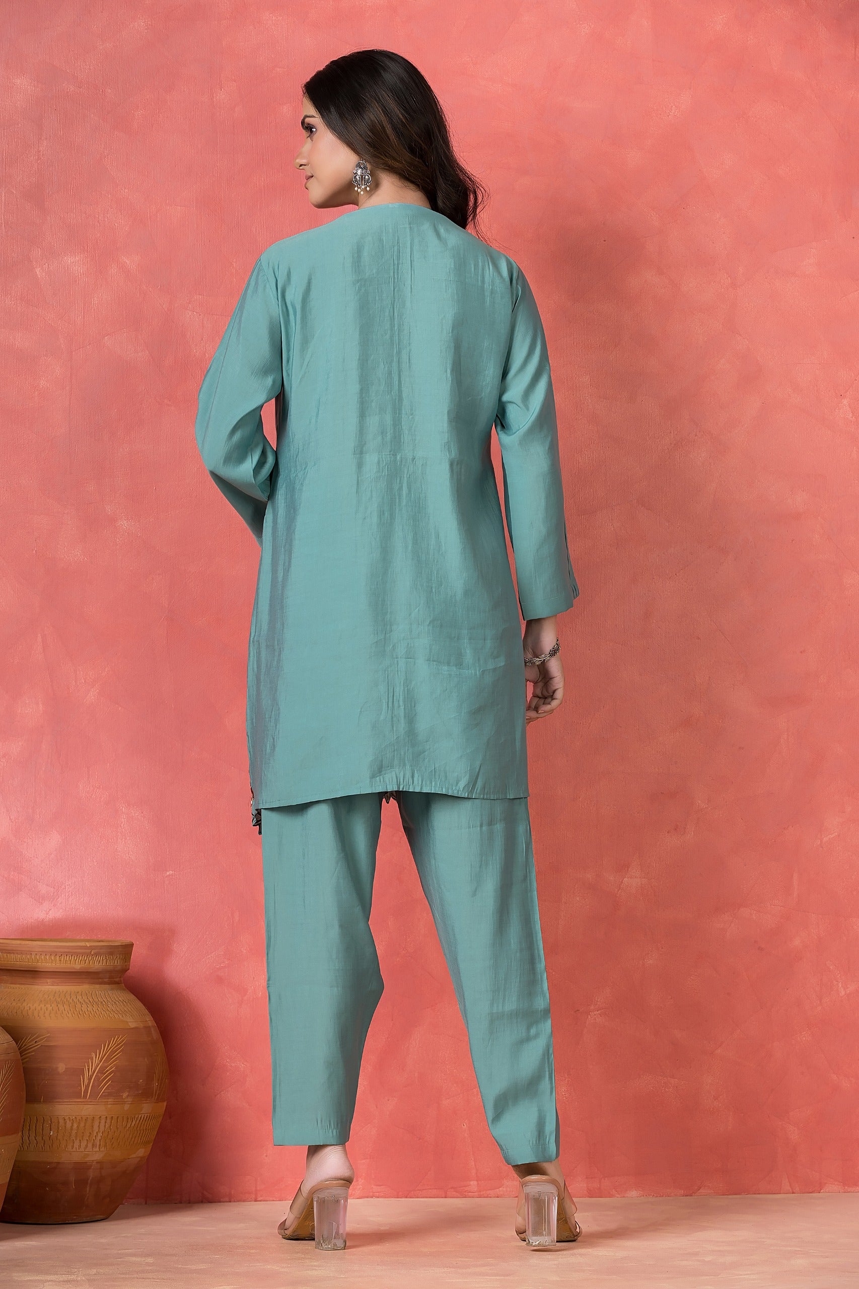 Teal Green Embroidered Premium Silk Co-Ord Set