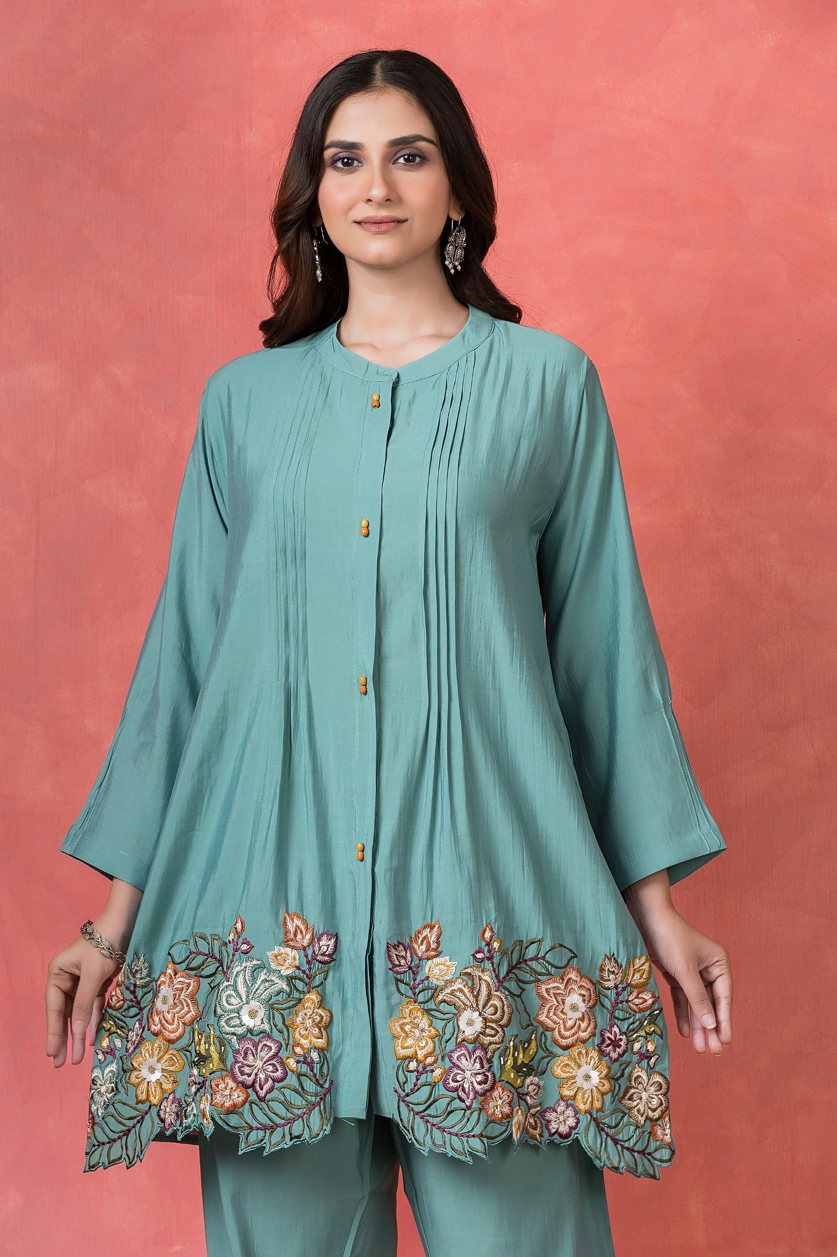 Teal Green Embroidered Premium Silk Co-Ord Set