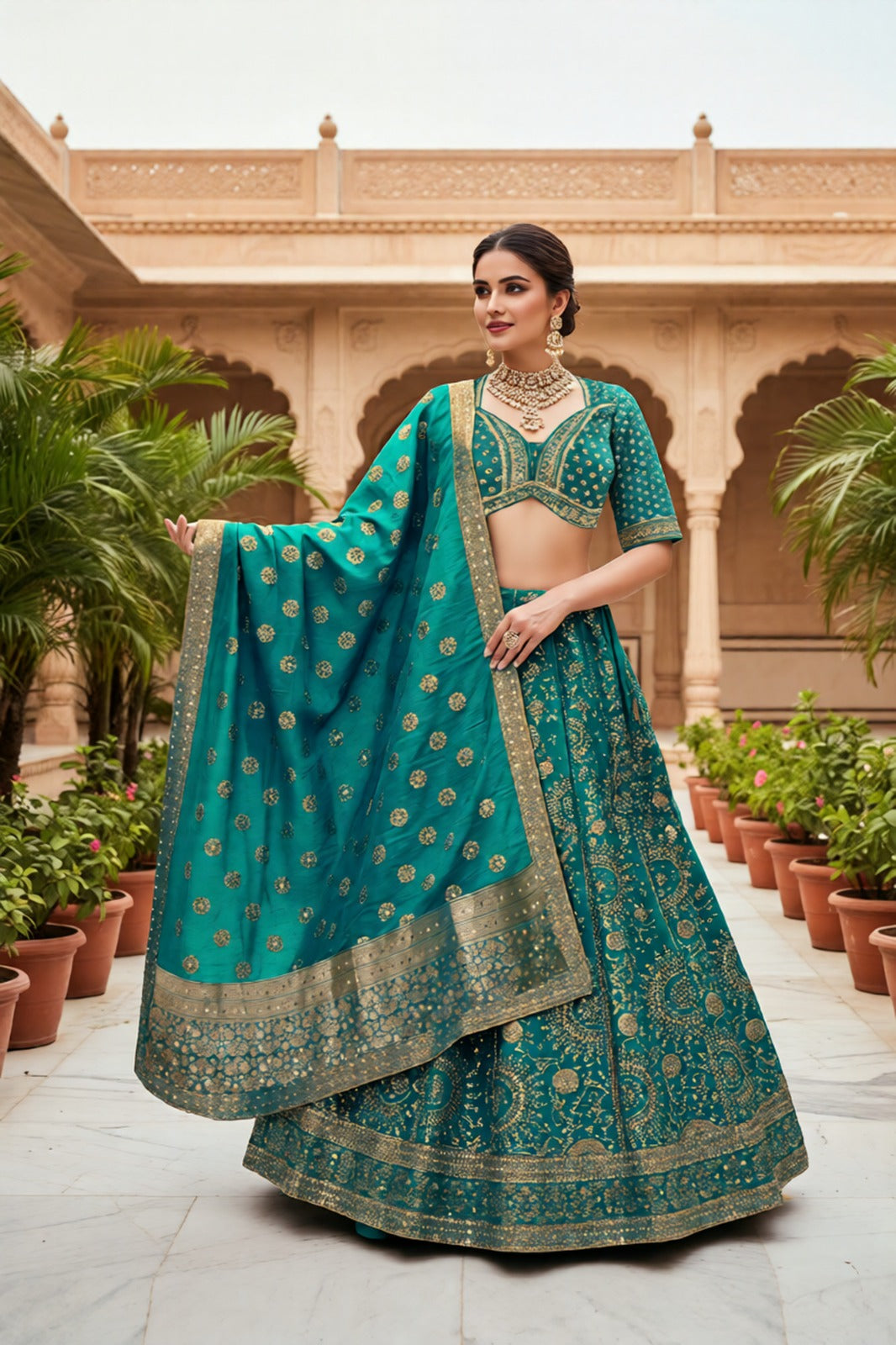Aqua Embellished Brocade Silk Lehenga Set