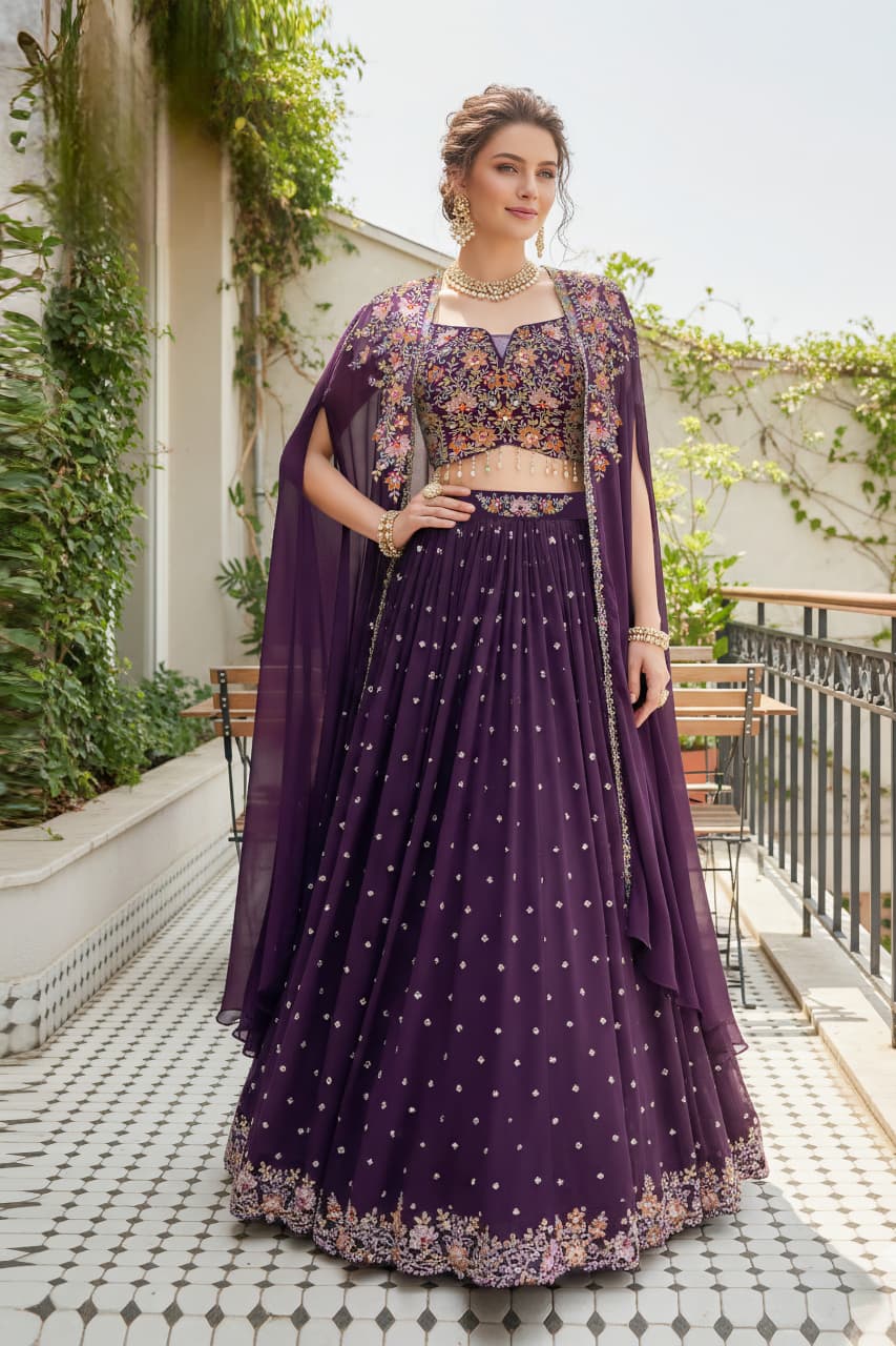 Regal Purple Embellished Georgette Silk Cape Lehenga Set