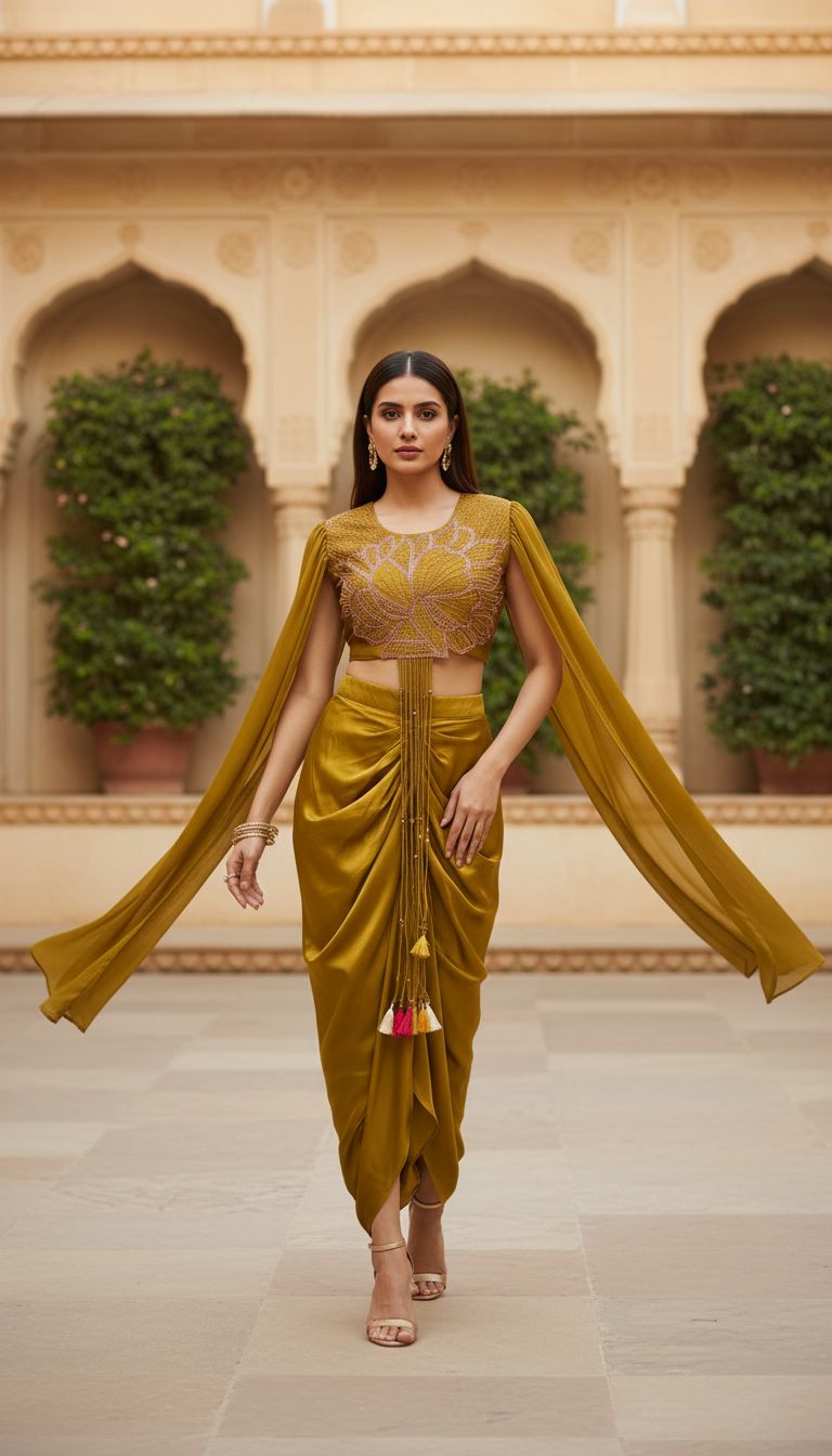 Mustard Yellow Embellished Premium Silk Draped Skirt Set