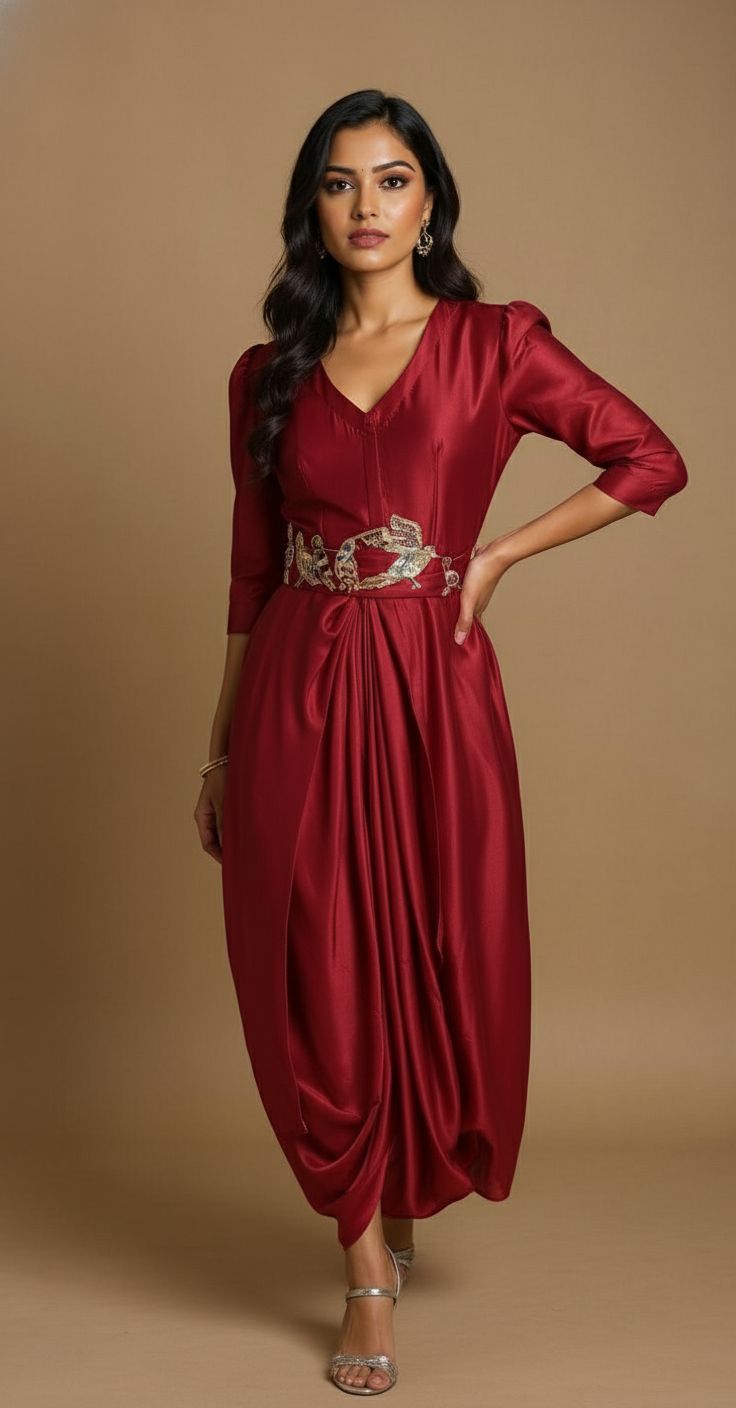 Wine Red Embroidered Georgette Draped Dress