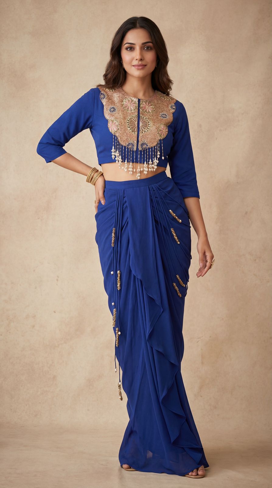 Imperial Blue Embellished Crepe Silk Skirt Set