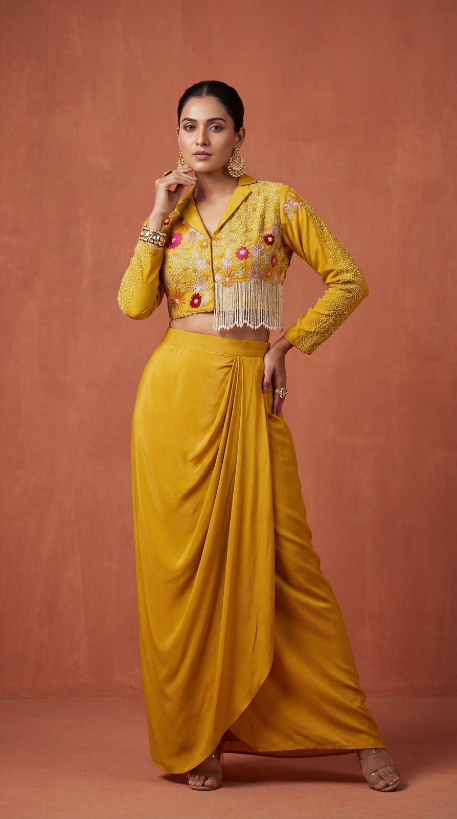 Mustard Yellow Embellished Crepe Silk Skirt Set