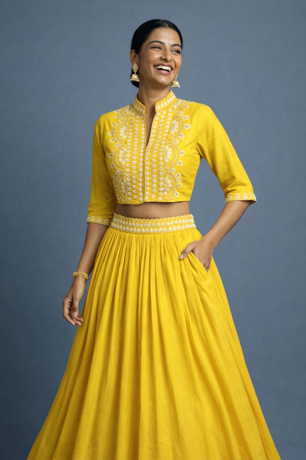 Bright Yellow Embellished Crepe Silk Skirt Set