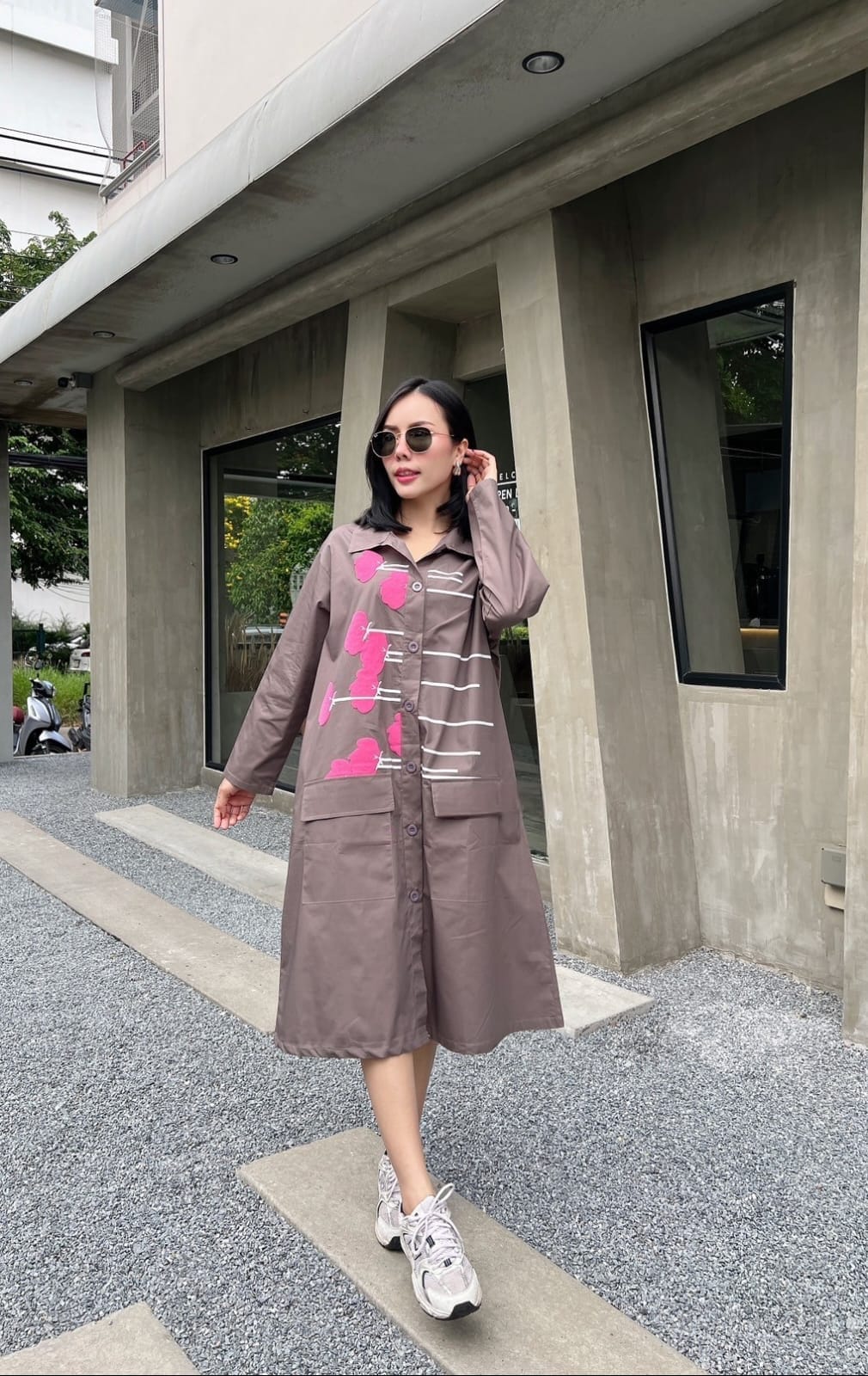 Mocha Grey Plastisol Printed Cotton Shirt Dress