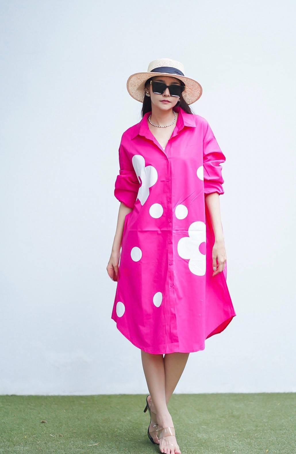Bright Pink Plastisol Printed Cotton Shirt Dress