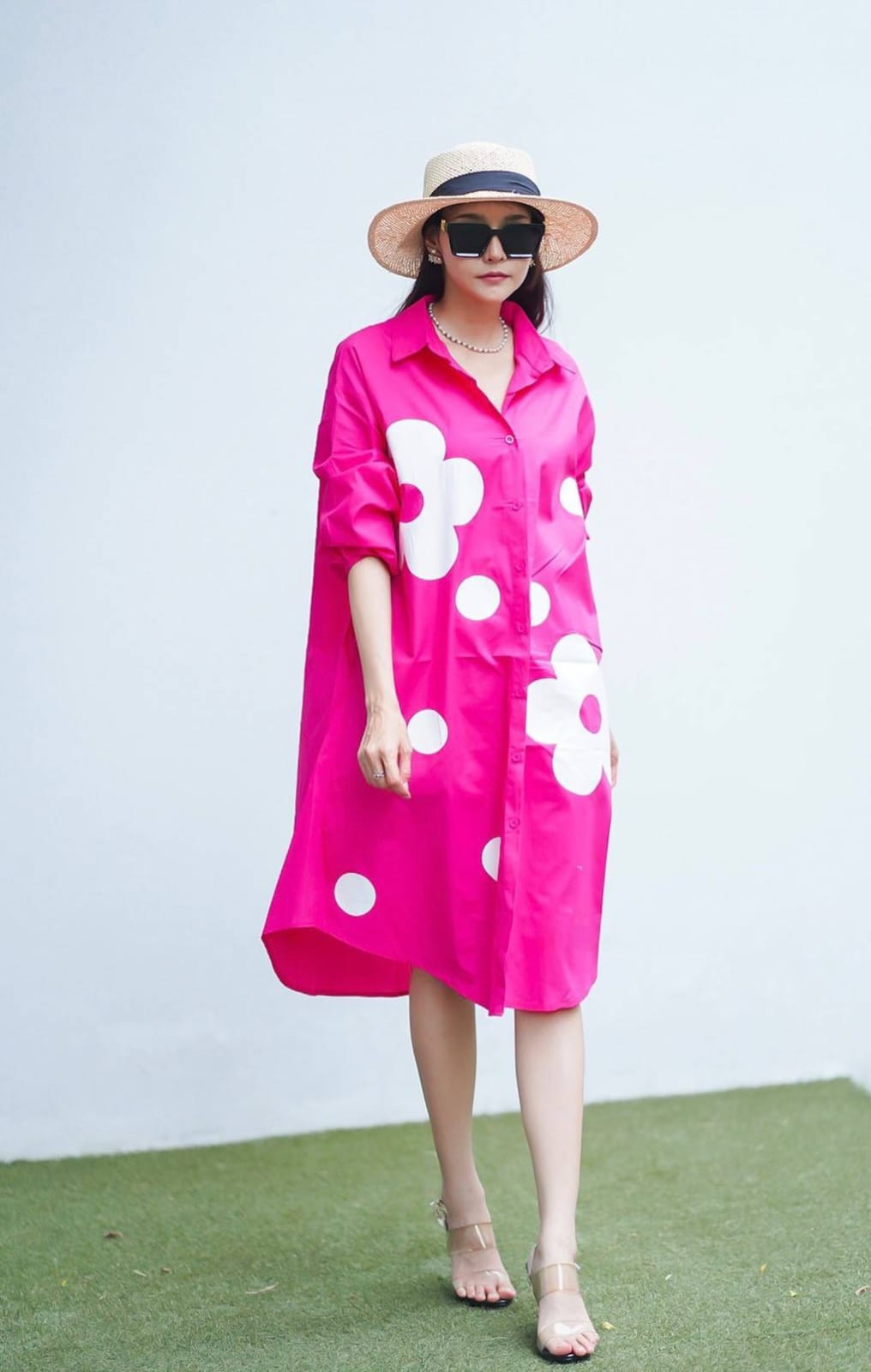 Bright Pink Floral Polka Print Tunic Dress