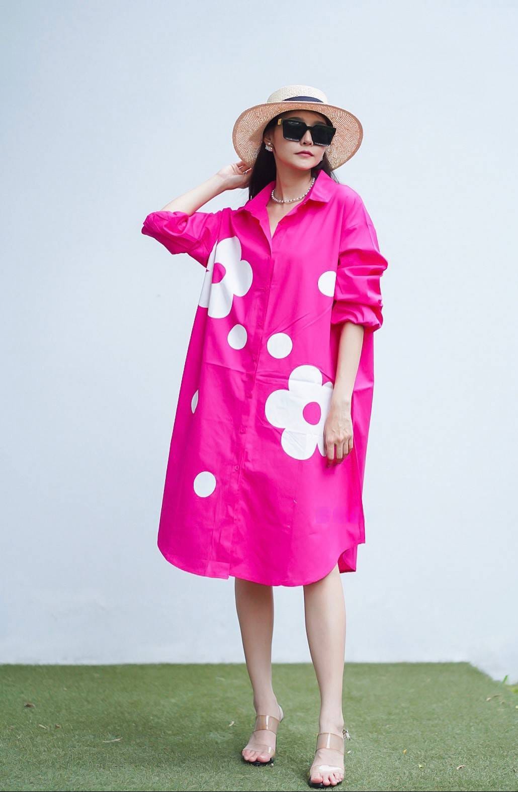 Bright Pink Floral Polka Print Tunic Dress