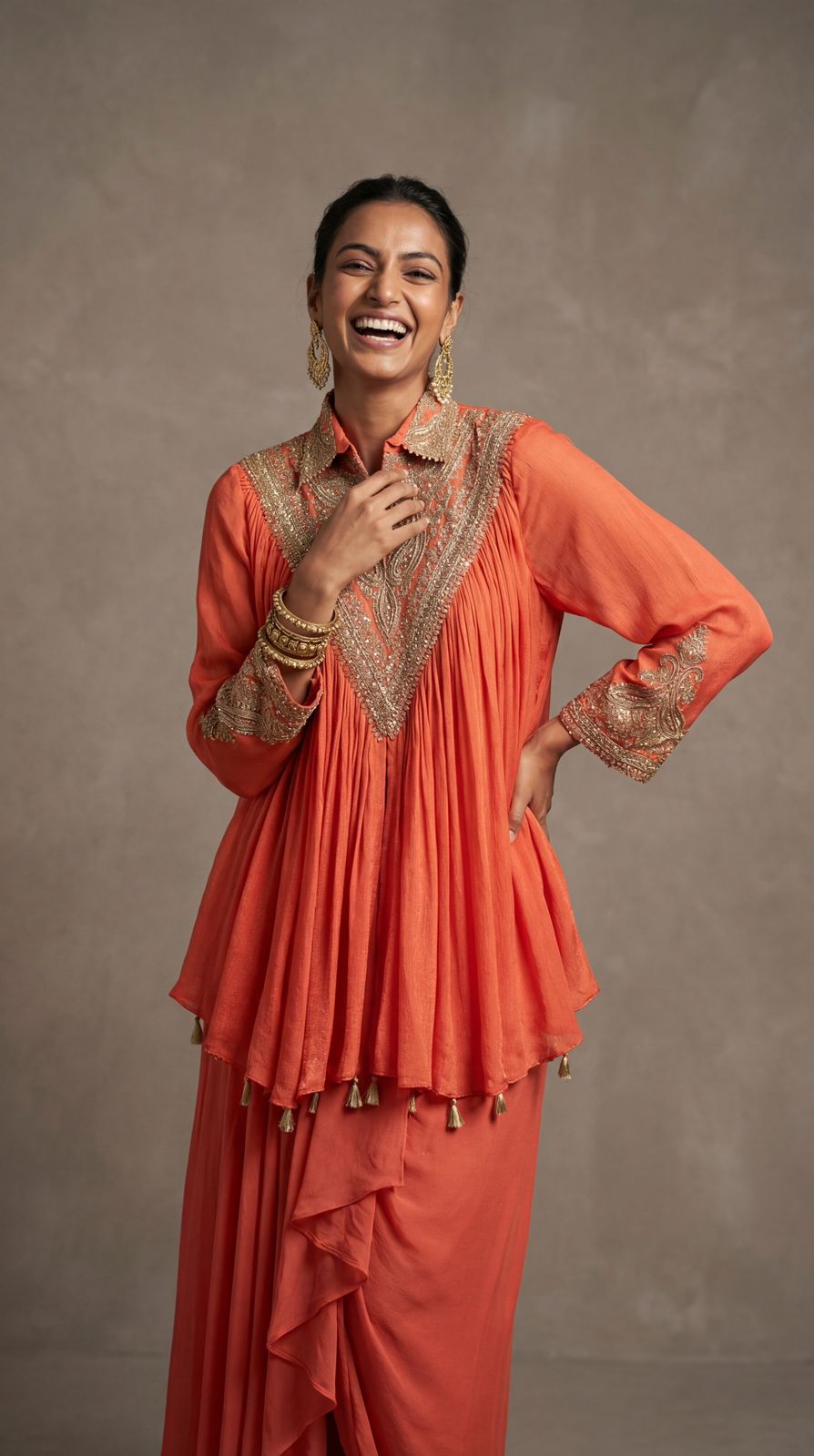 Poppy Orange Embellished Crepe Silk Dhoti Skirt Set
