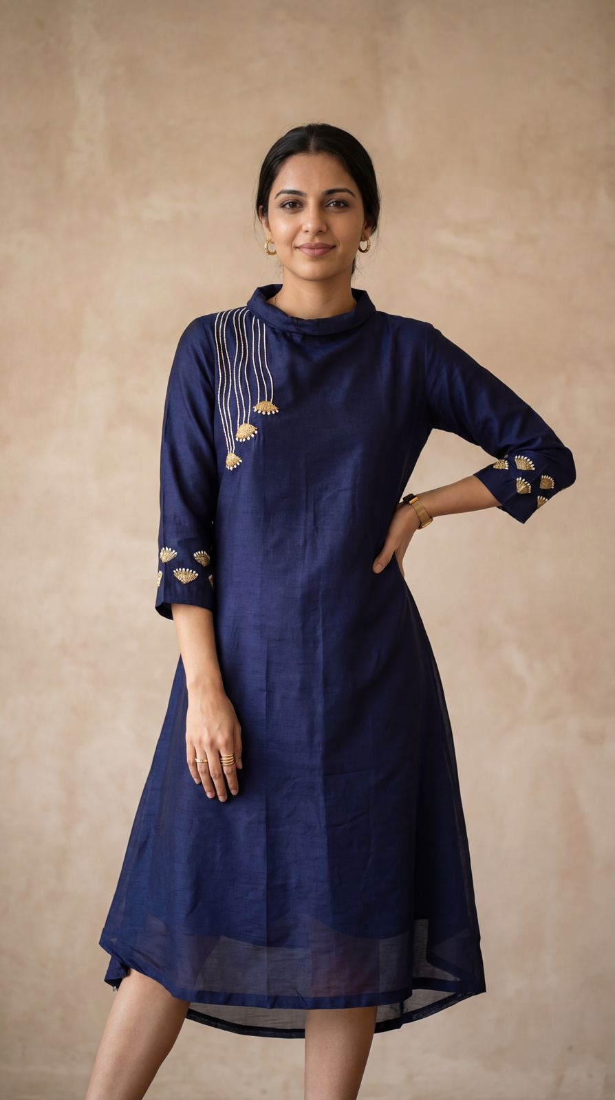 Navy Blue Embroidered Dola Silk Dress