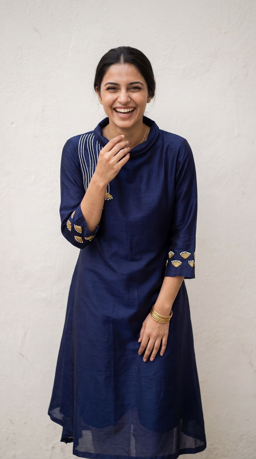 Navy Blue Embroidered Dola Silk Dress