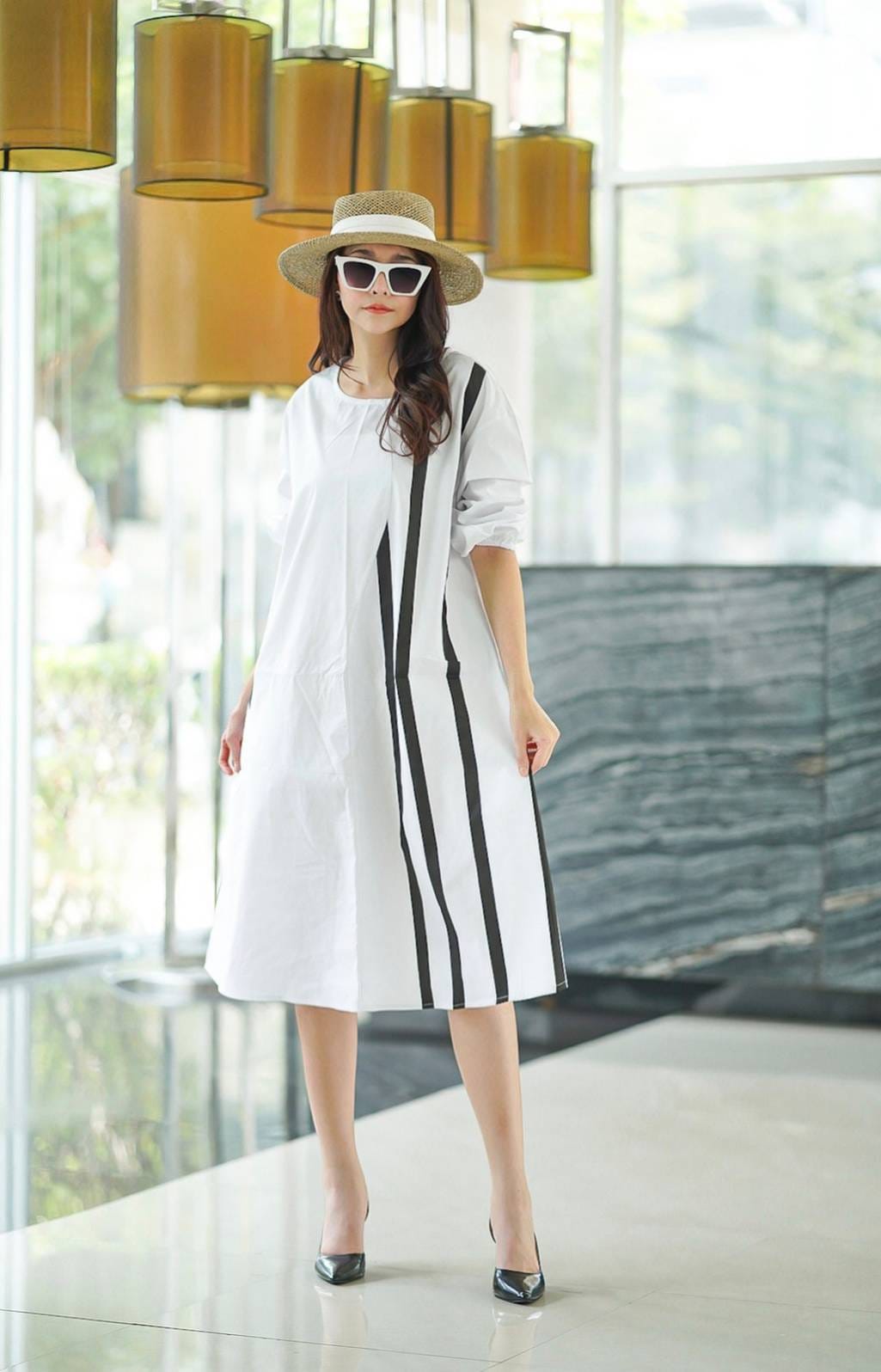 White and Black Geometric Printed Cotton Dress