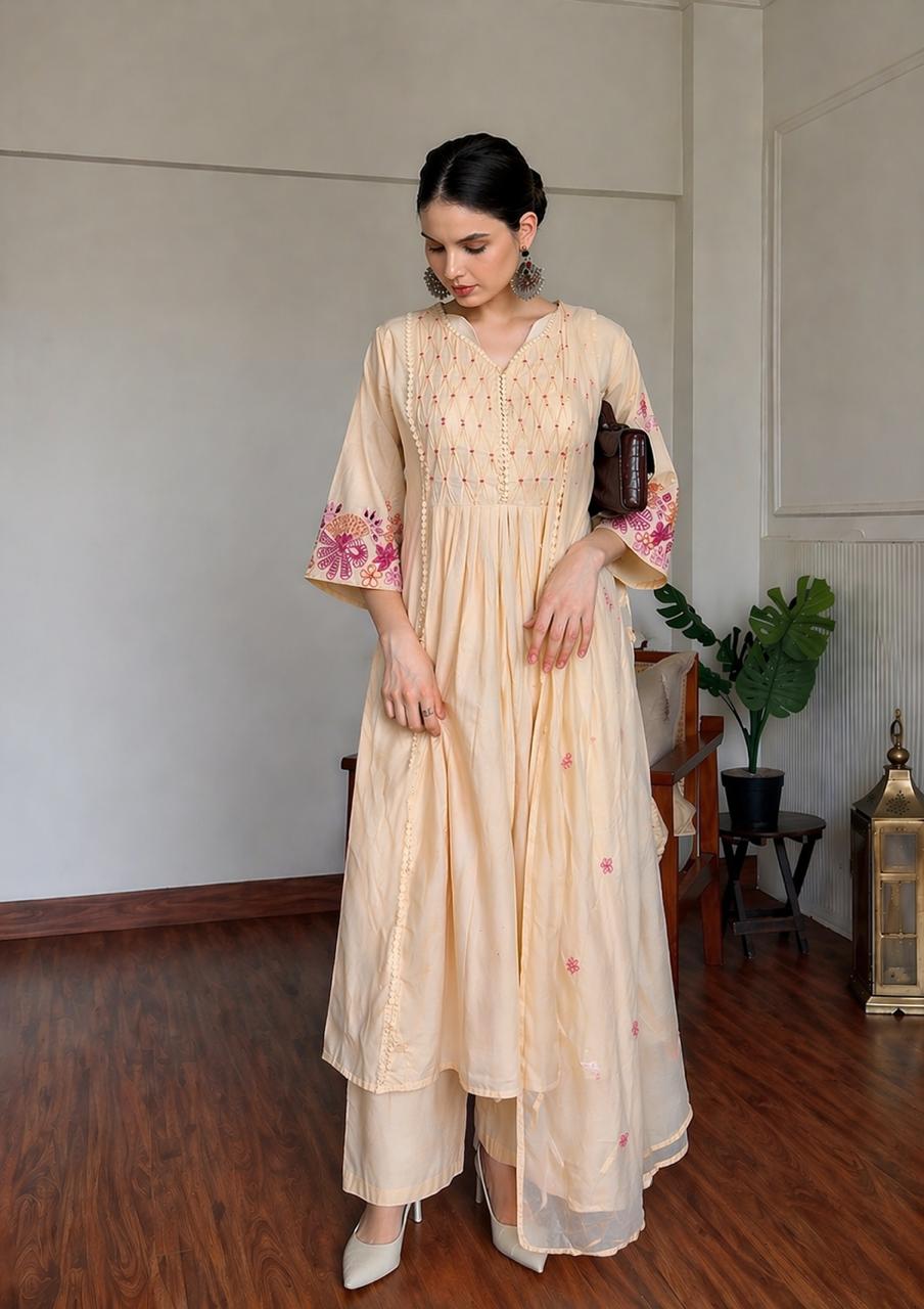Peach Blossom Embroidered Cotton Anarkali Set