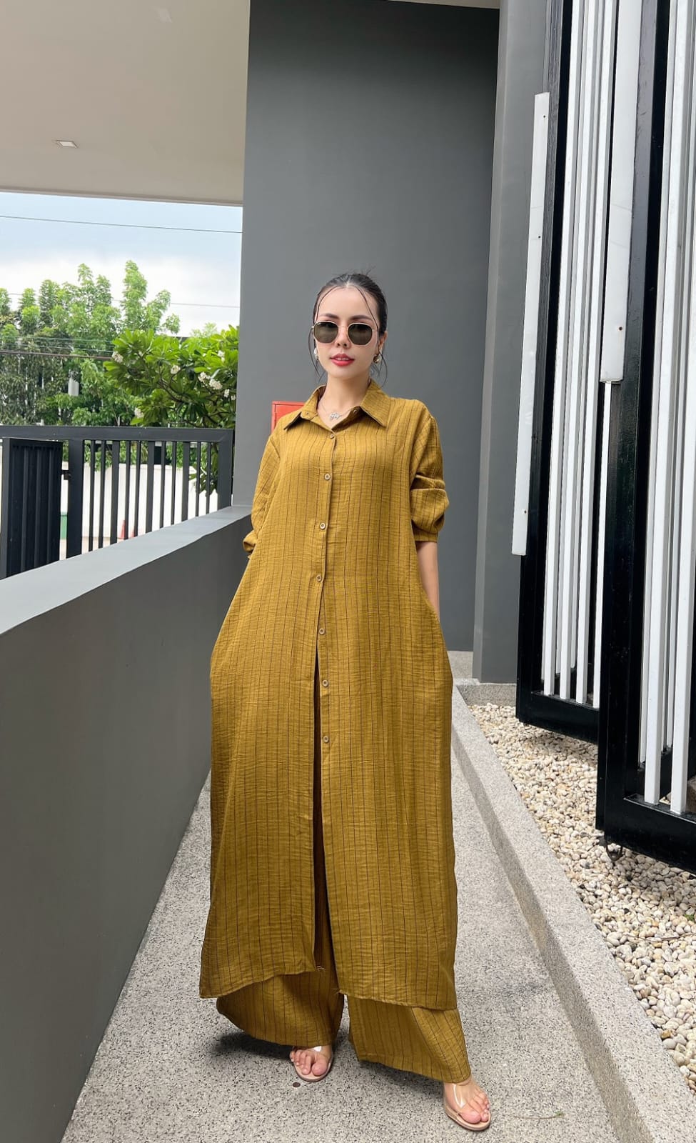 Mustard Yellow Printed Cotton Longline Co-ord Set