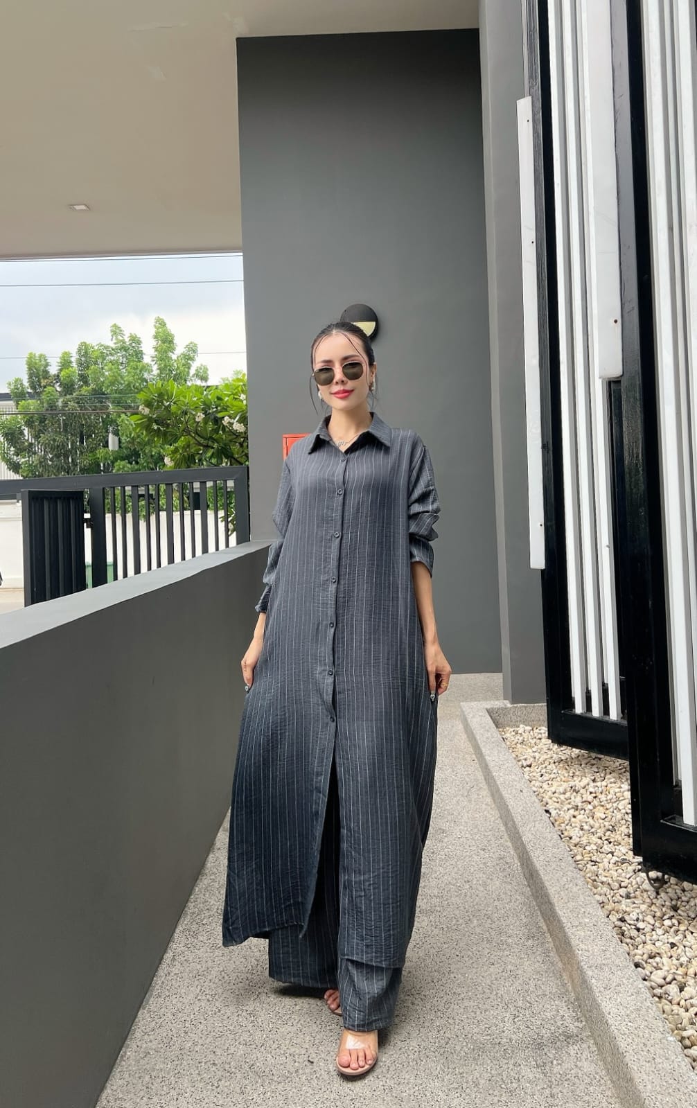 Charcoal Grey Printed Cotton Longline Co-ord Set