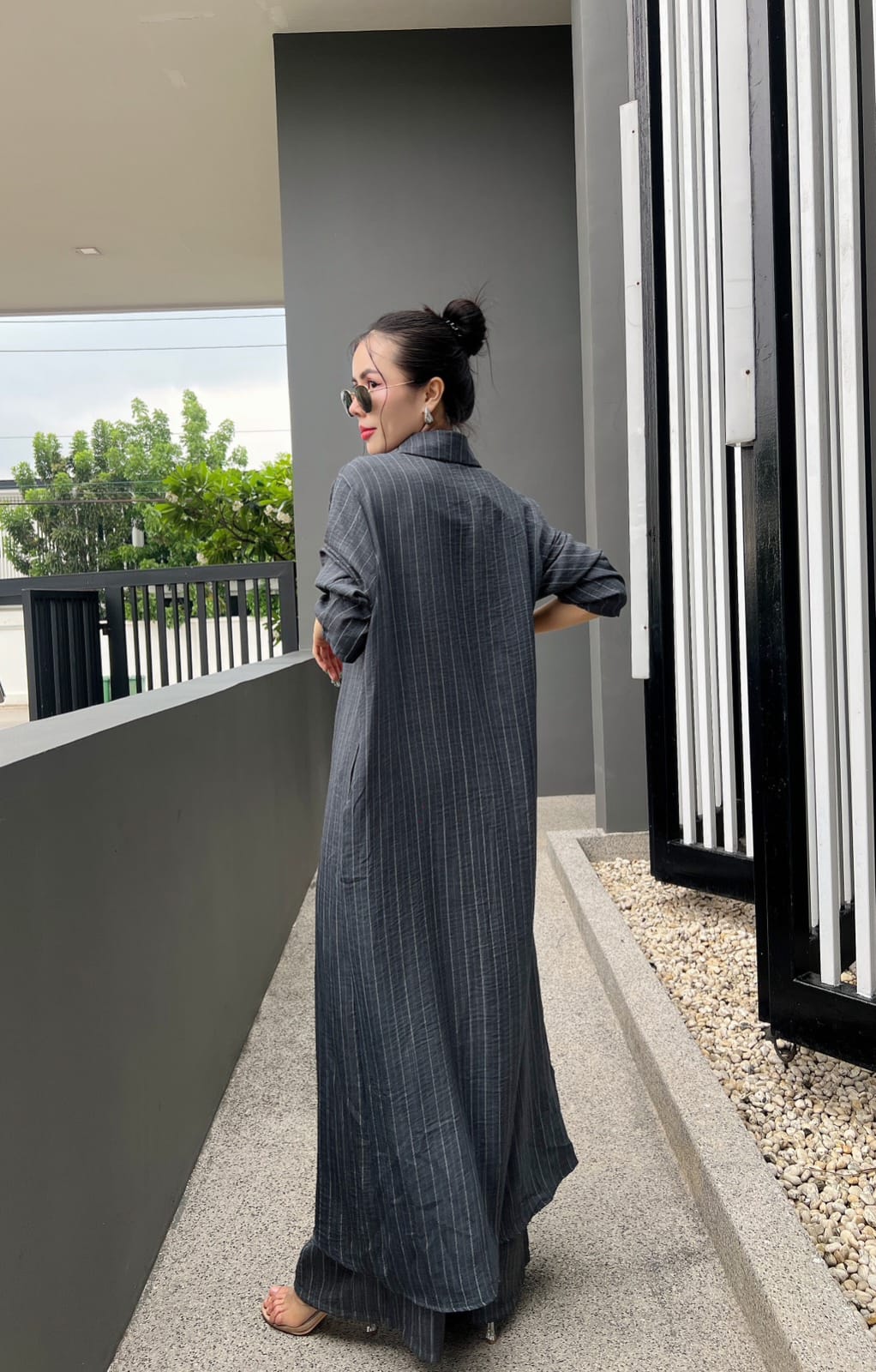 Charcoal Grey Printed Cotton Longline Co-ord Set