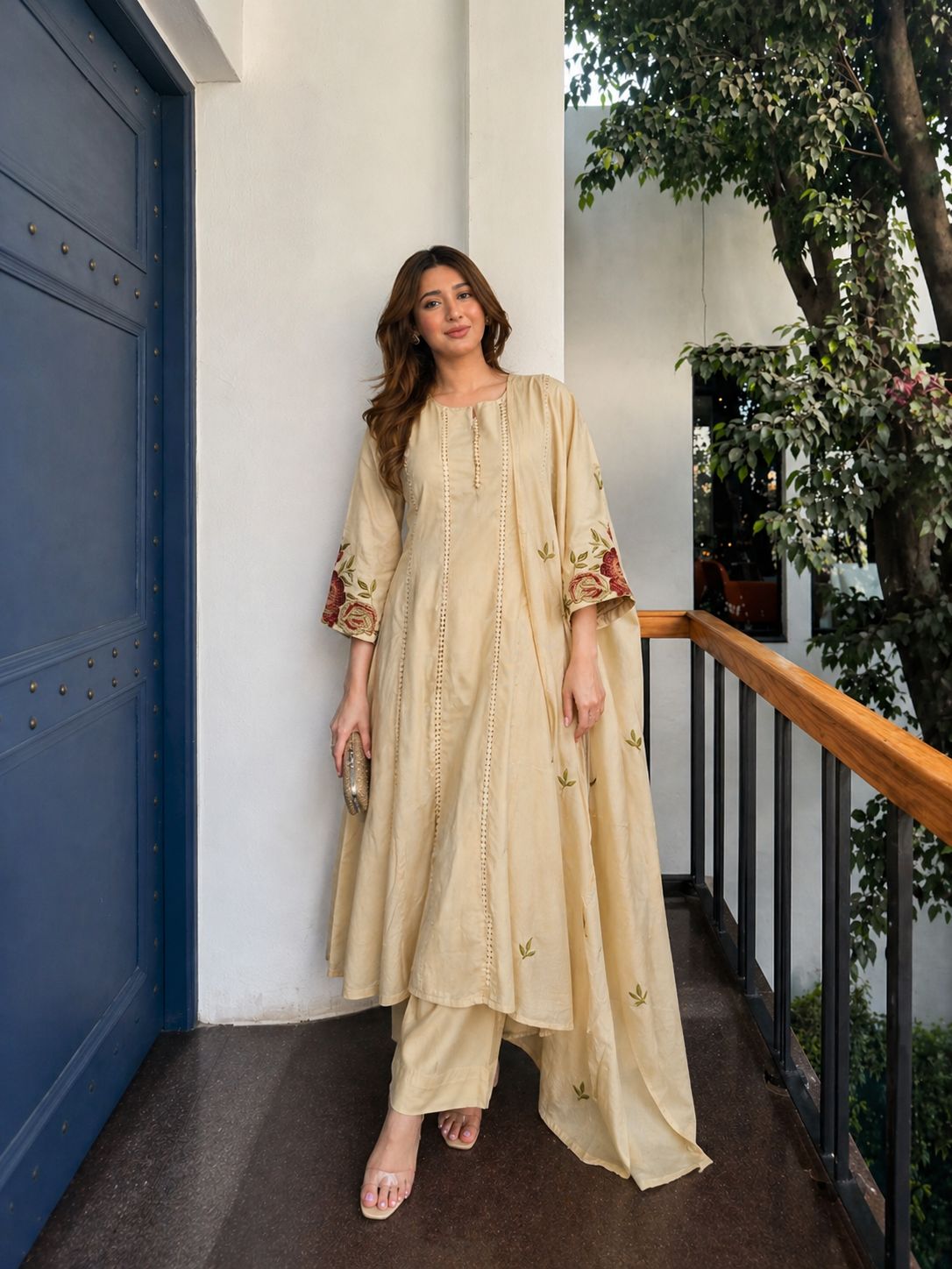 Beige Embroidered Cotton Pant Set