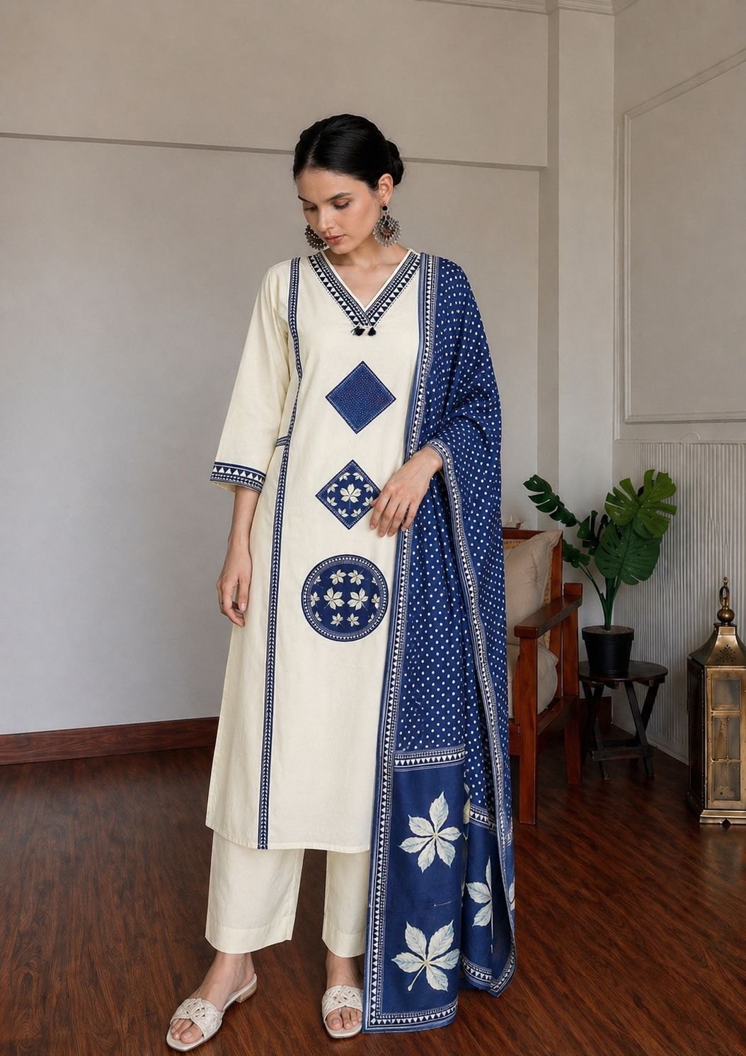 Ivory & Blue Applique Mul Cotton Pant Set