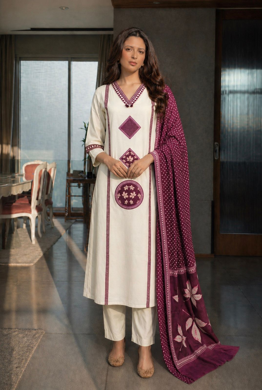 Ivory & Burgundy Applique Mul Cotton Pant Set