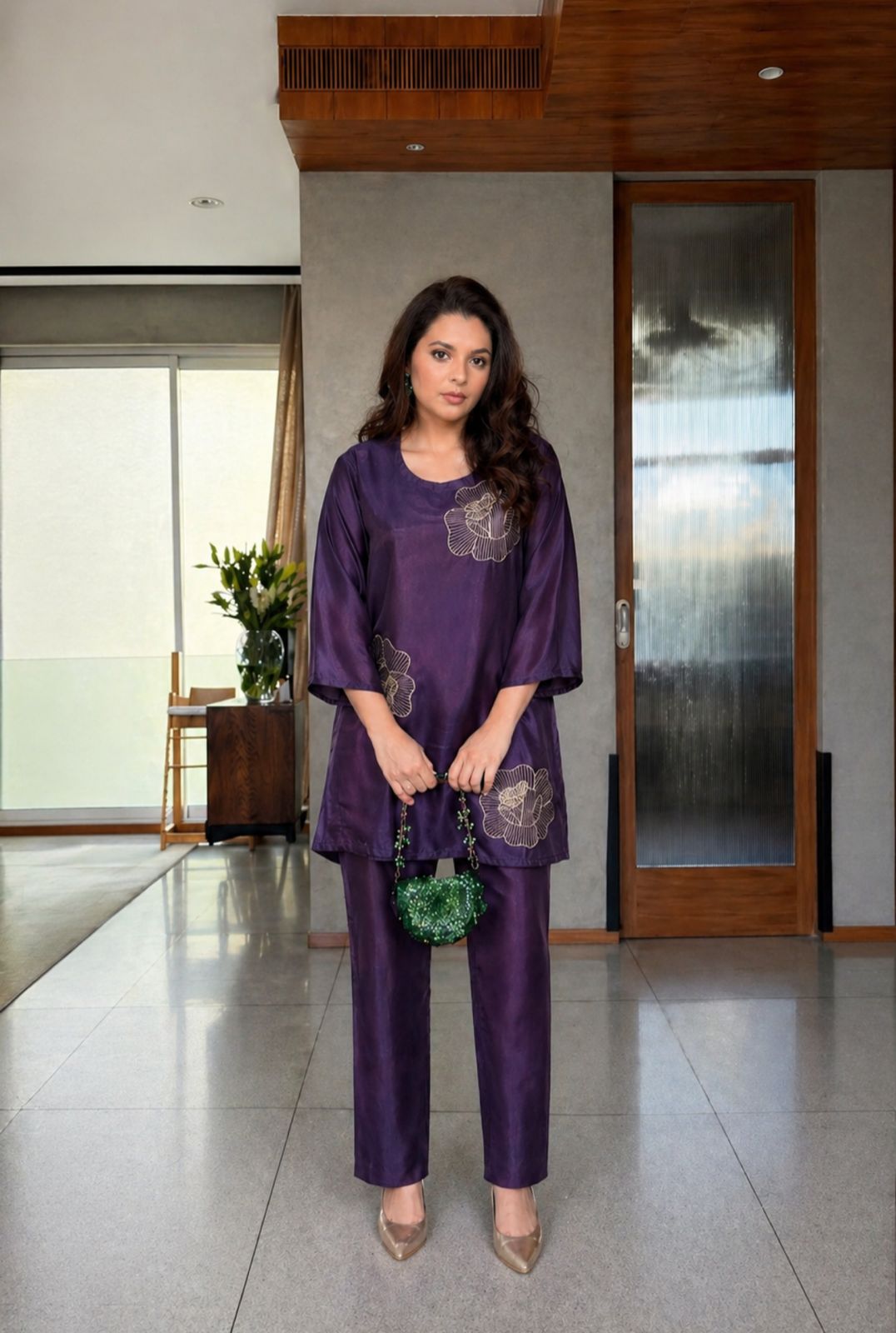 Deep Purple Embroidered Crepe Silk Co-ord Set