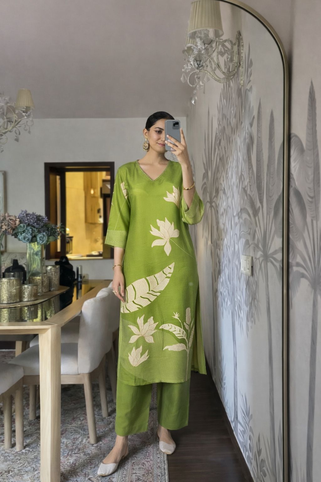 Leaf Green Printed Soft Muslin Silk Kurta Set
