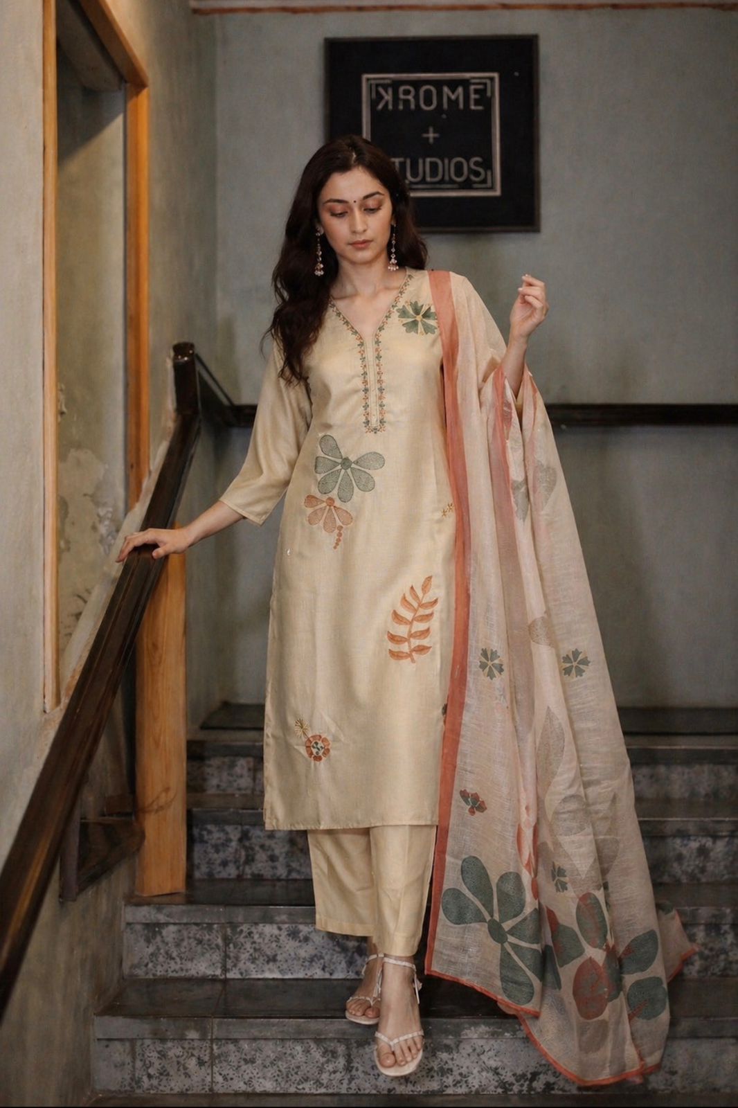 Soft Beige Embroidered Linen Pant Set