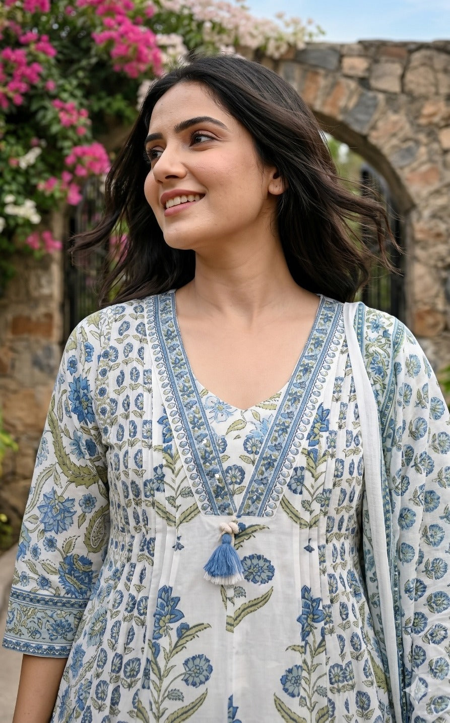 White and Blue Printed Cotton Anarkali Set