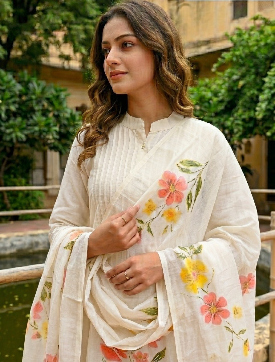 Ivory Embellished Printed Soft Organza Silk Anarkali Set