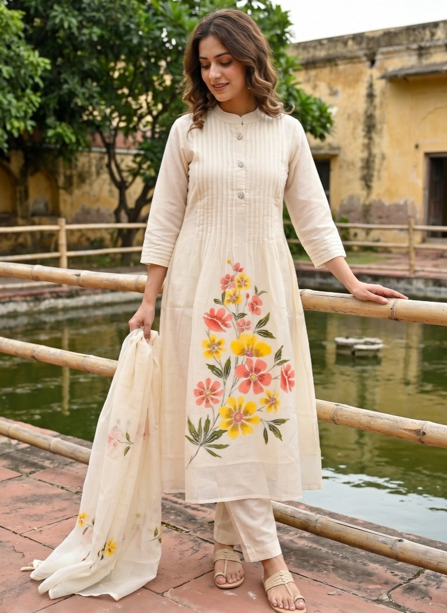 Ivory Embellished Printed Soft Organza Silk Anarkali Set