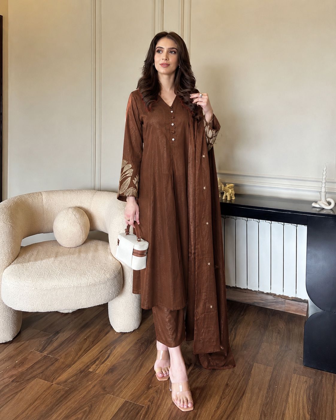 Chestnut Brown Embroidered Cotton A-Line Pant Set