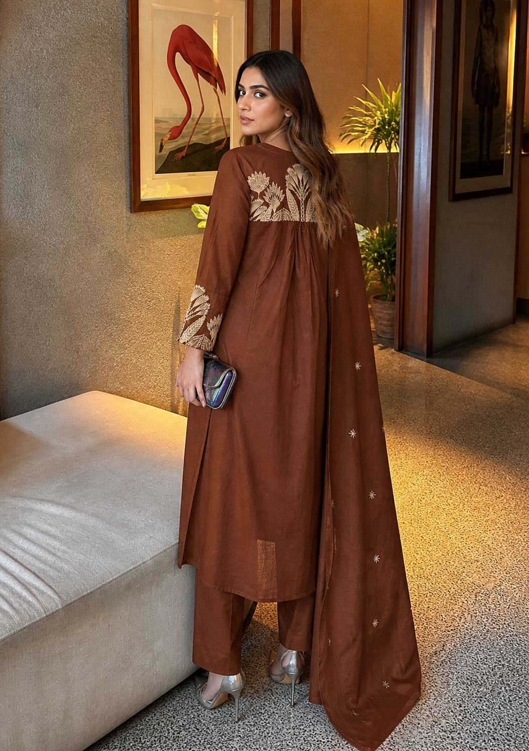 Chestnut Brown Embroidered Cotton A-Line Pant Set