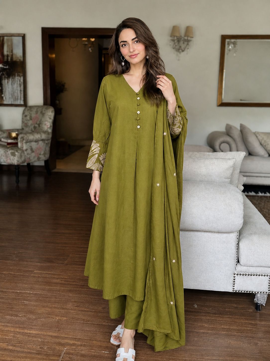 Olive Green Embroidered Cotton A-Line Pant Set