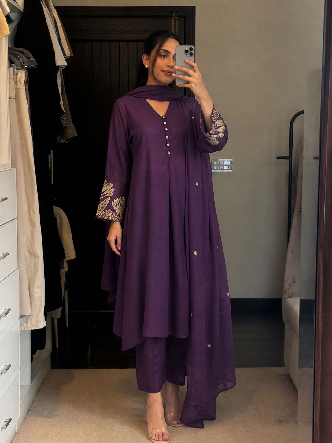 Deep Violet Embroidered Cotton A-Line Pant Set
