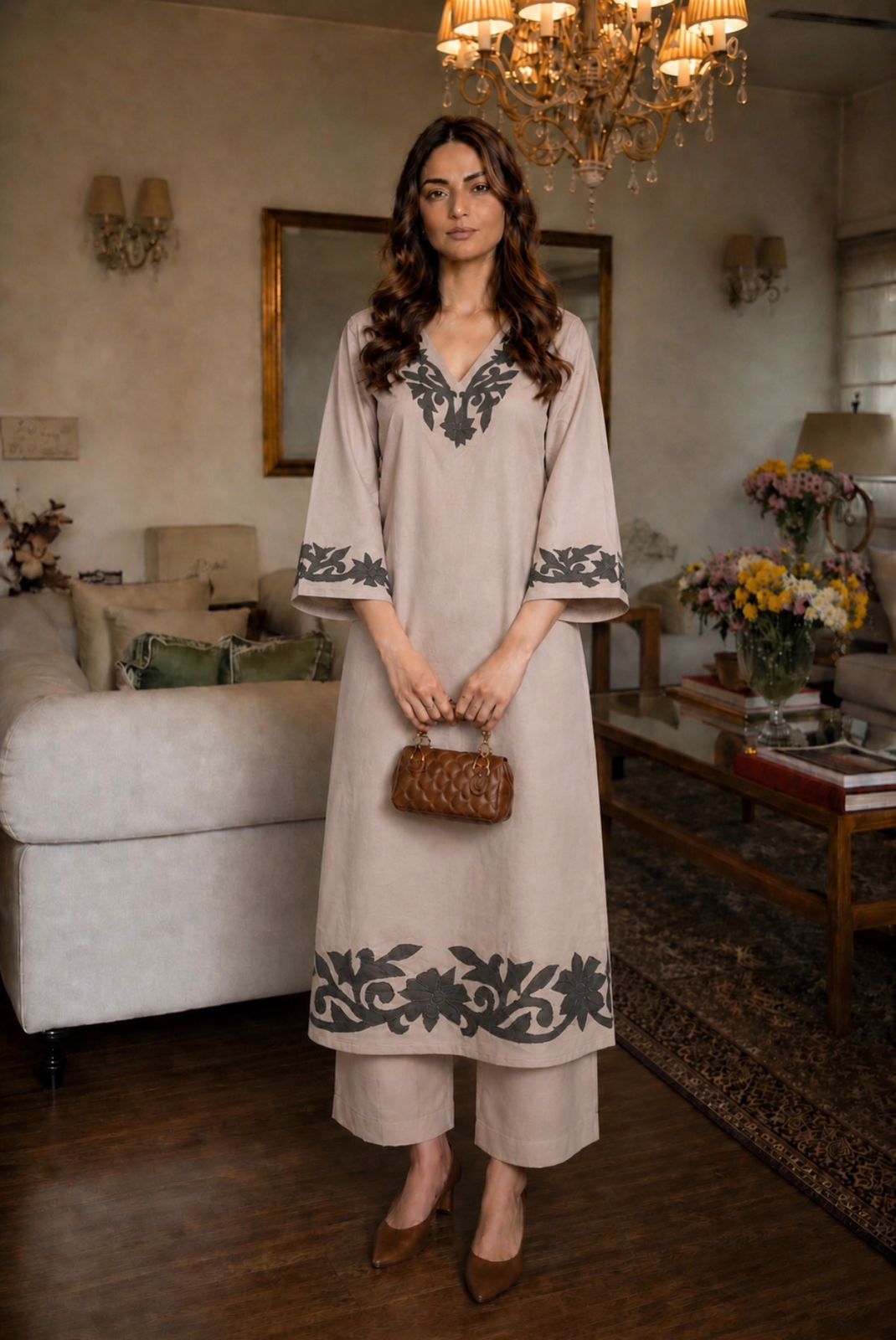 Warm Beige Applique Cotton Kurta Set