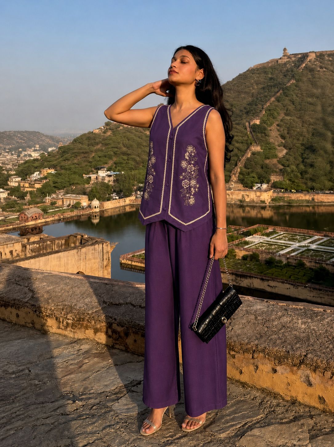Plum Fusion Embroidered Cotton Co-Ord Set