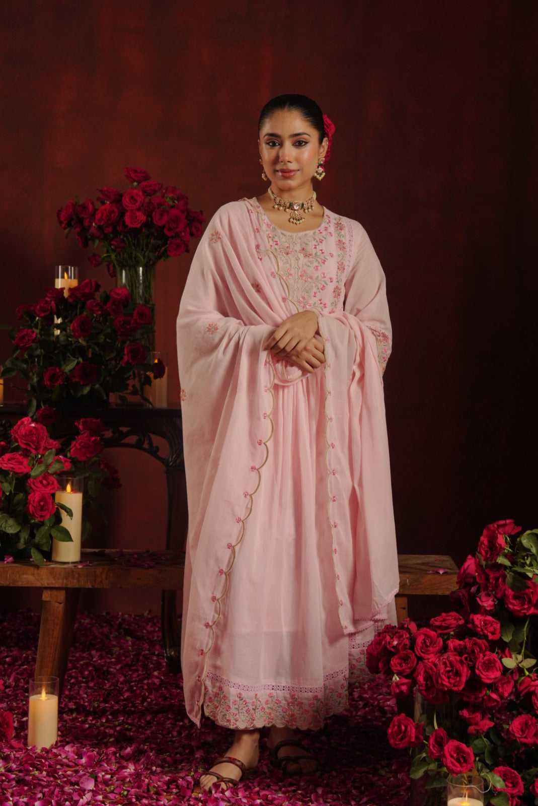 Rose Quartz Embroidered Mul Cotton Pant Set