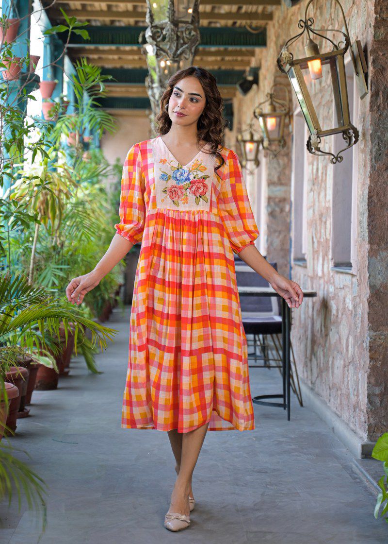The Citrus Sunset Gingham Floral Cotton Dress
