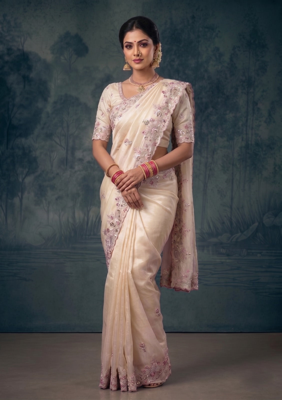 Gilded Ivory Embellished Tissue Silk Saree