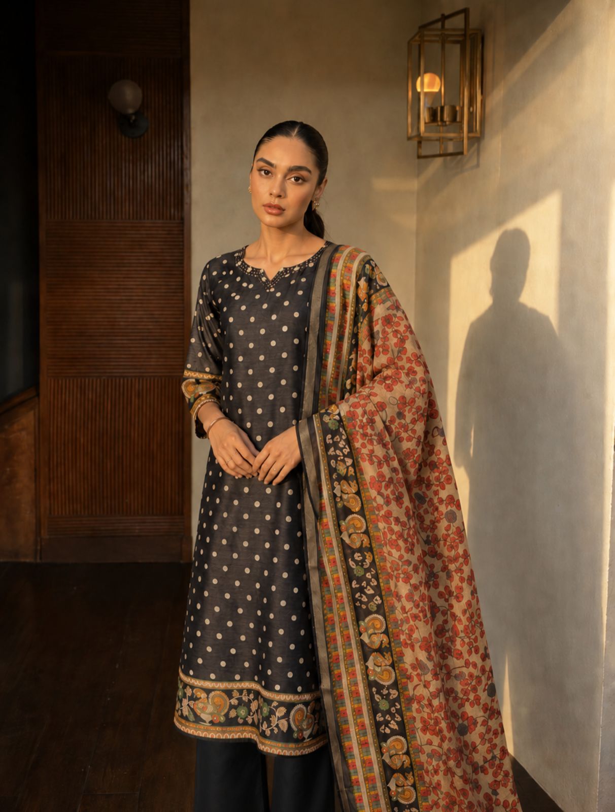 Charcoal Black Printed Mul-Chanderi Silk Pant Set