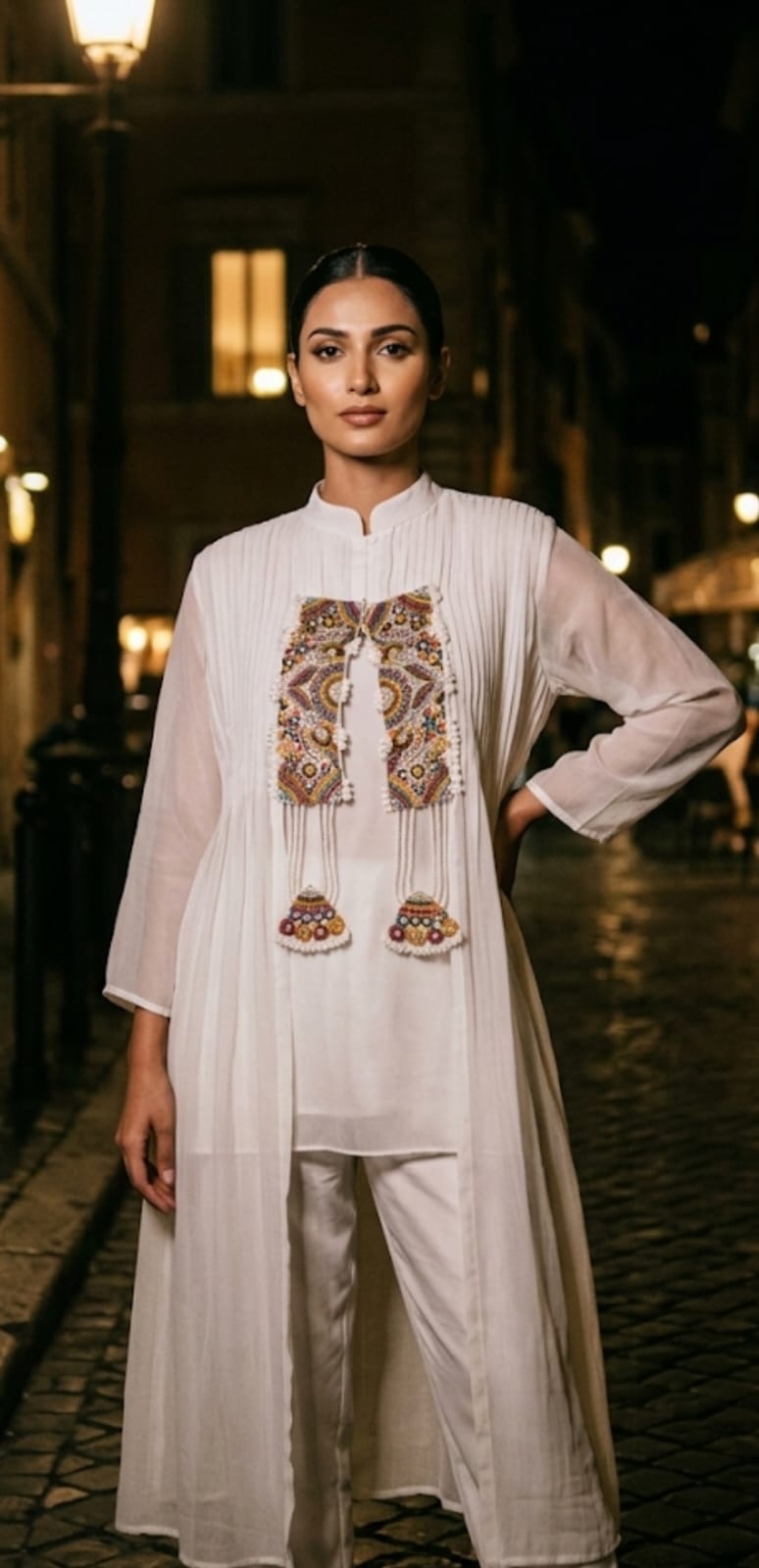 Pearl White Embellished Mul Chanderi Jacket Co-Ord Set